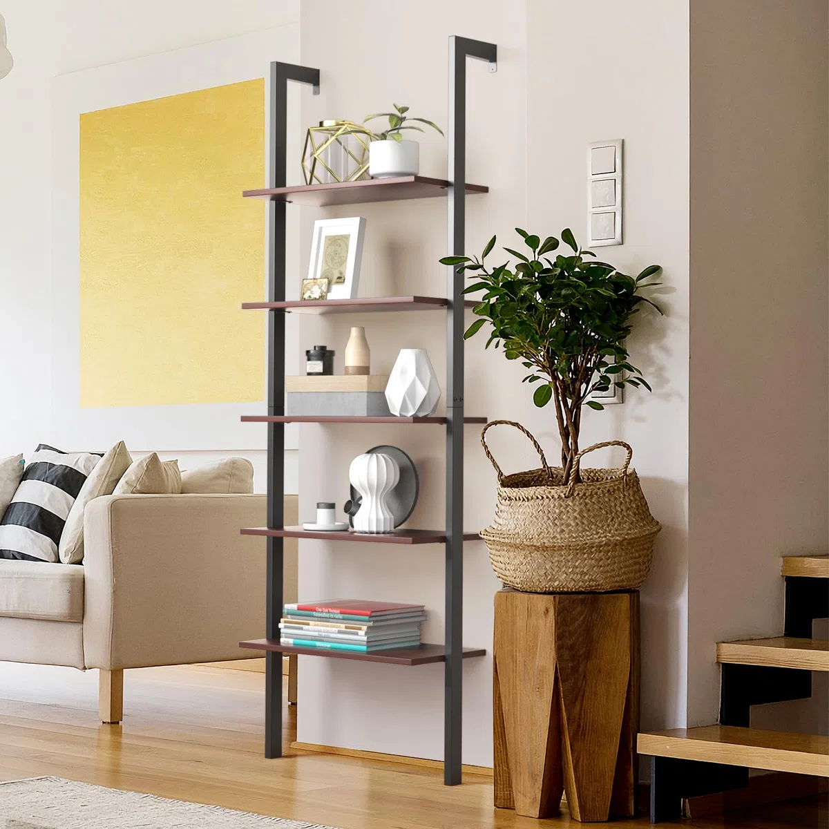 HOMASIS Estantería Escalera con 5 Niveles, librería de Pared con Estructura de Metal, estantes de Almacenamiento, Moderna estantería de pie, para Oficina en casa, salón, 60 x 30 x 180 cm (Marrón)