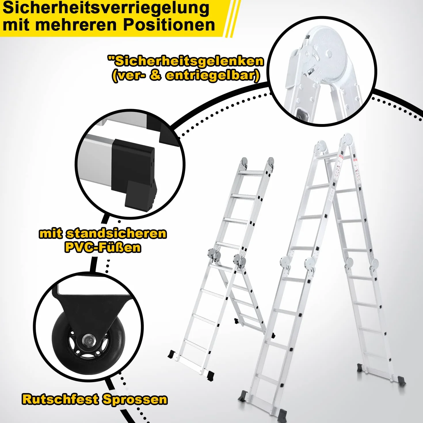 Ikodm Escalera Multiusos de 4 x 4 peldaños, 4,7 m, 7 en 1, de Aluminio, hasta 150 kg, con 2 Ruedas de Transporte y 2 Plataformas, Escalera articulada Plegable