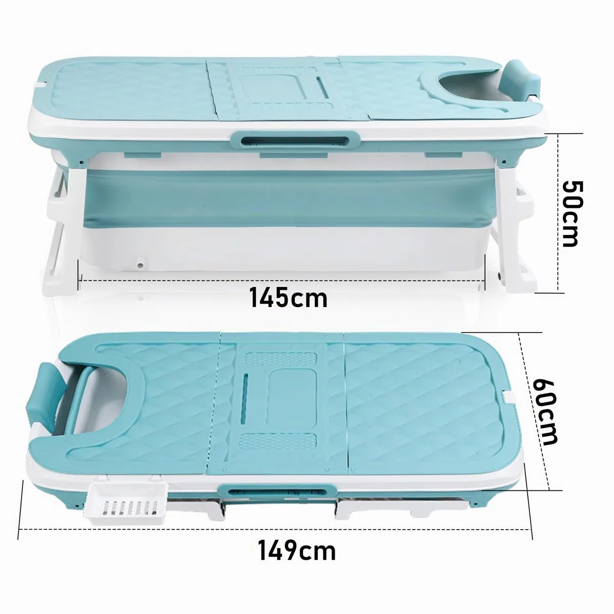 Ikodm Bañera plegable para adultos - XXL 149 x 60 x 50 cm - Bañera móvil plegable con tapa, rodillos de masaje y cesta - Para baño, ducha y balcón - Azul