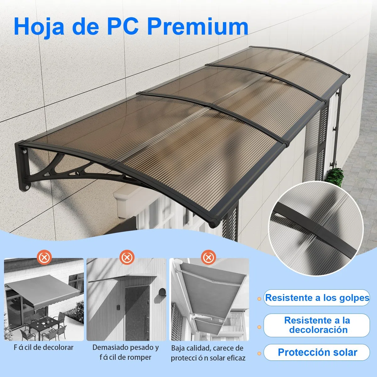 Marquesina para Puerta Exterior 150x80 CM, Tejadillo de Protección contra Lluvia y Rayos UV, Cubierta de Policarbonato para Puertas, Ventanas, Porches, Patios y Terrazas
