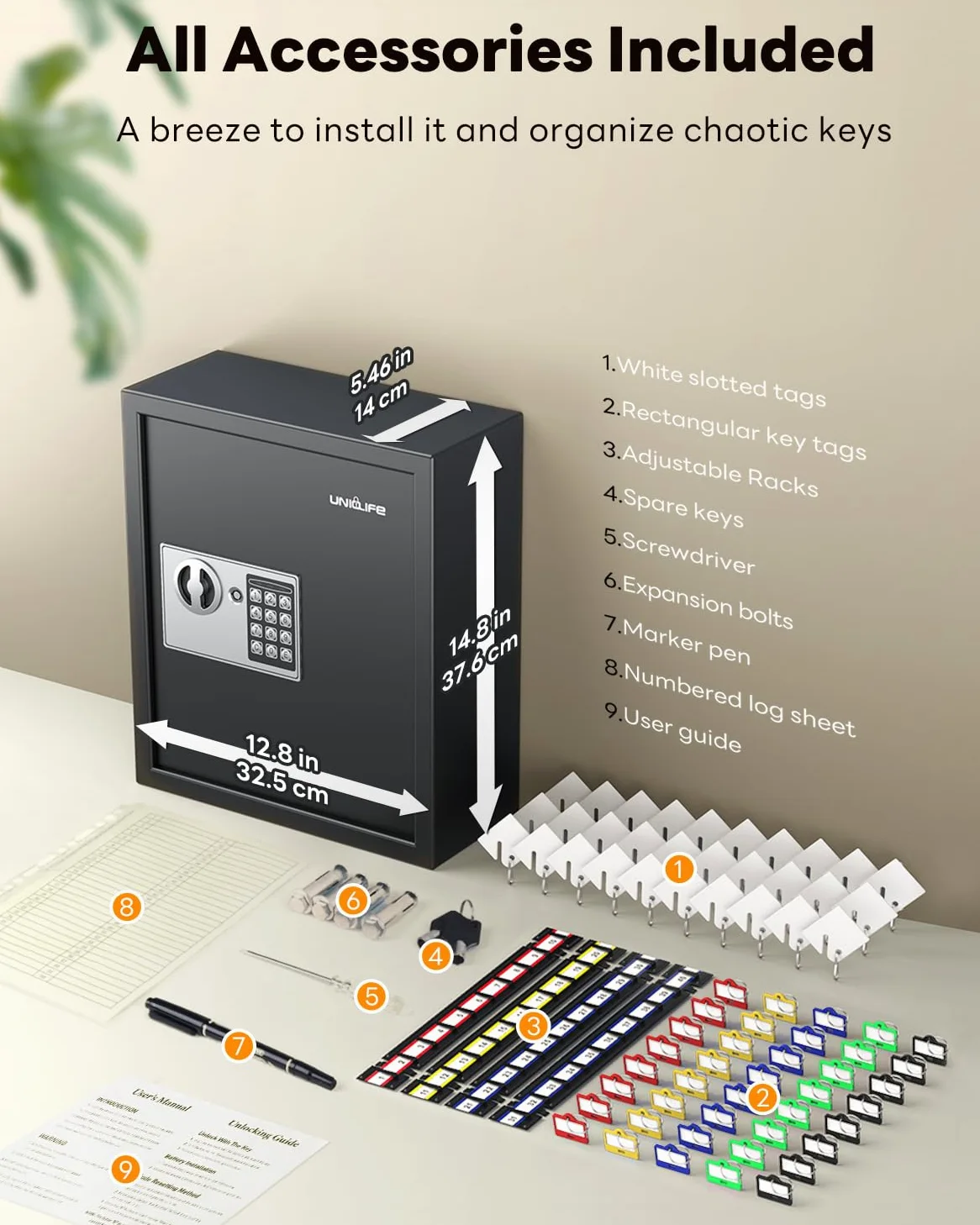 Uniclife Armario para llaves de 70 posiciones con combinación y cerradura de llave, organizador de llaves de seguridad montado en la pared, negro