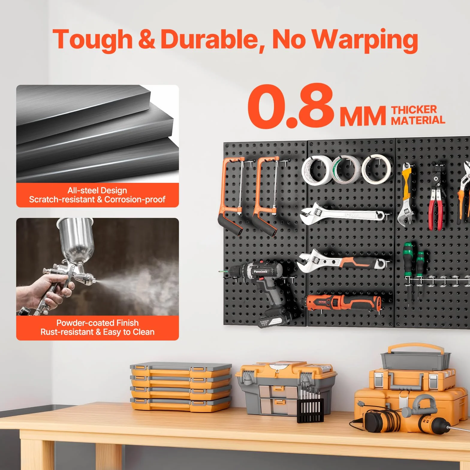 VEVOR Paneles Perforados de Metal 609,6 x 304,8 x 19 mm 3 Paneles, Organizador de Pared de Acero, Negro