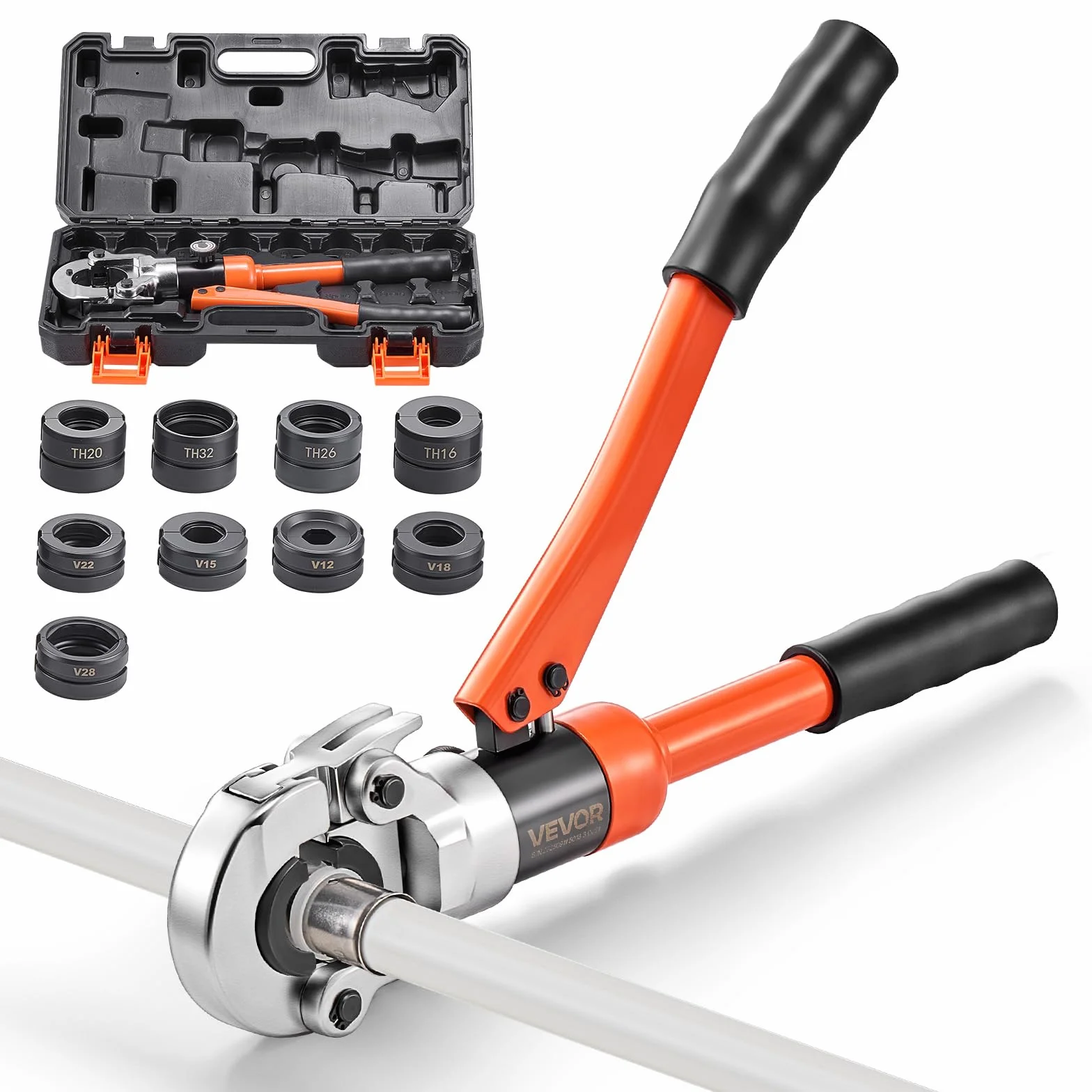 VEVOR Alicates de Prensa Hidráulica para Tuberías, con 4 Mordazas TH16 TH20 TH26 TH32 para Tubos de PEX y Aluminio-Plástico, 5 Mordazas V12 V15 V18 V22 V28 para Tubos de Acero Inoxidable, con Estuche