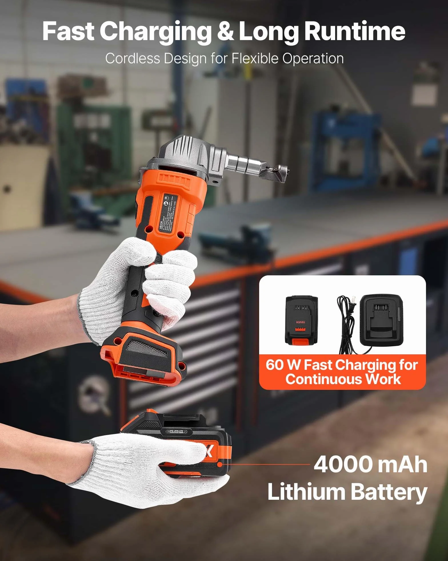 VEVOR Cortador de Metal Inalámbrico con Batería de 20 V y 4000 mAh, Eficiente Motor sin Escobillas de 2200 RPM, con Estuche de Plástico para Cortar Láminas de Acero y Aluminio, Rendimiento Potente