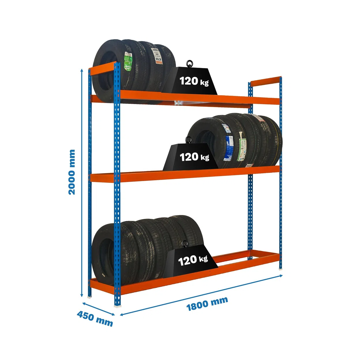 Simon Rack Estantería para Neumáticos, Soporte Neumáticos, 3 Niveles, Alta Capacidad Carga 120 kg, 2000x1800x450 mm, Estantería para 18 neumáticos, Azul/Naranja - Simonauto