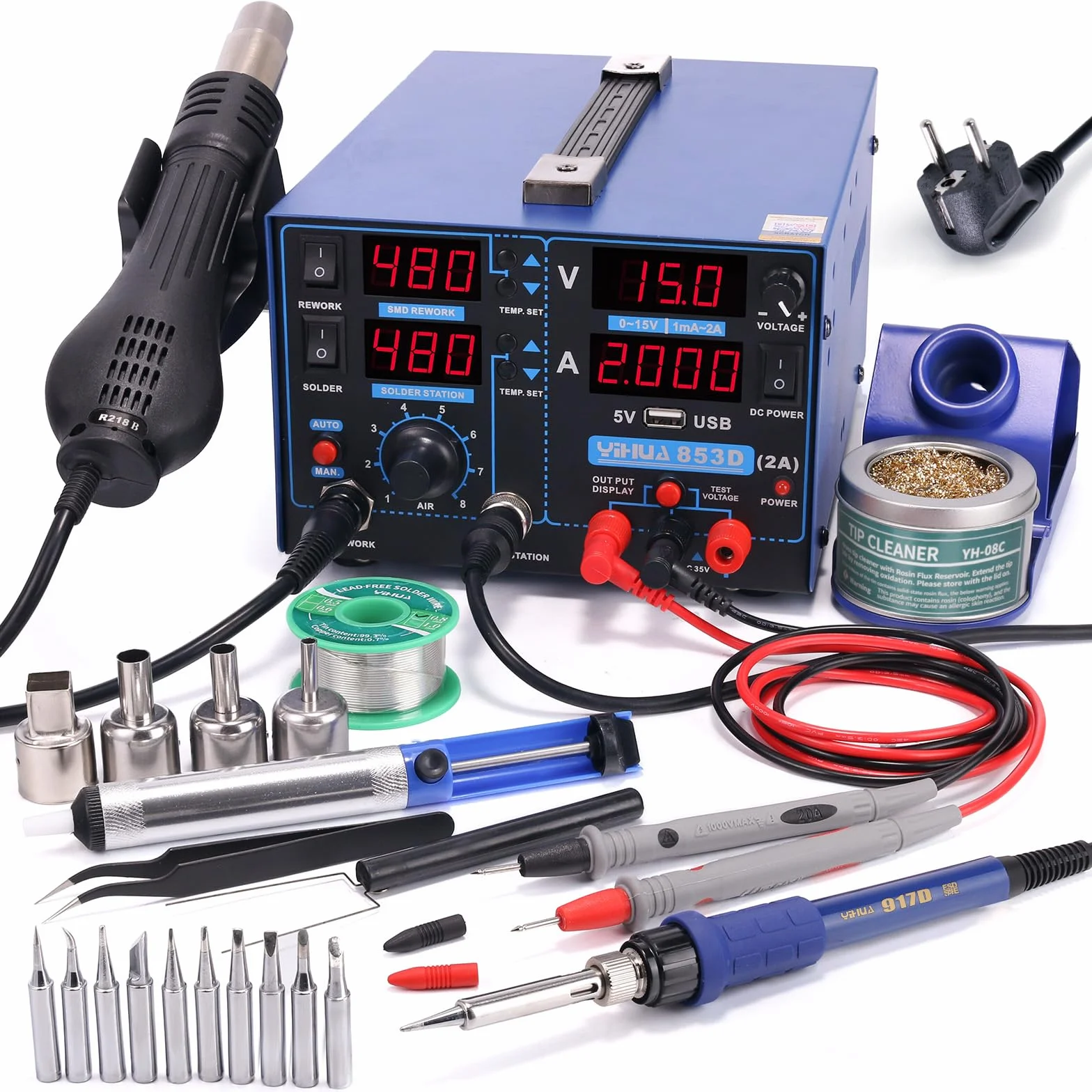 YIHUA 853D 2A USB Estación de soldadura y estación de soldadura de aire caliente alimentador 0-15VDC Estación 3 en 1 con puerto de carga USB5V voltímetro de 35VDC para reparación de teléfonos móviles