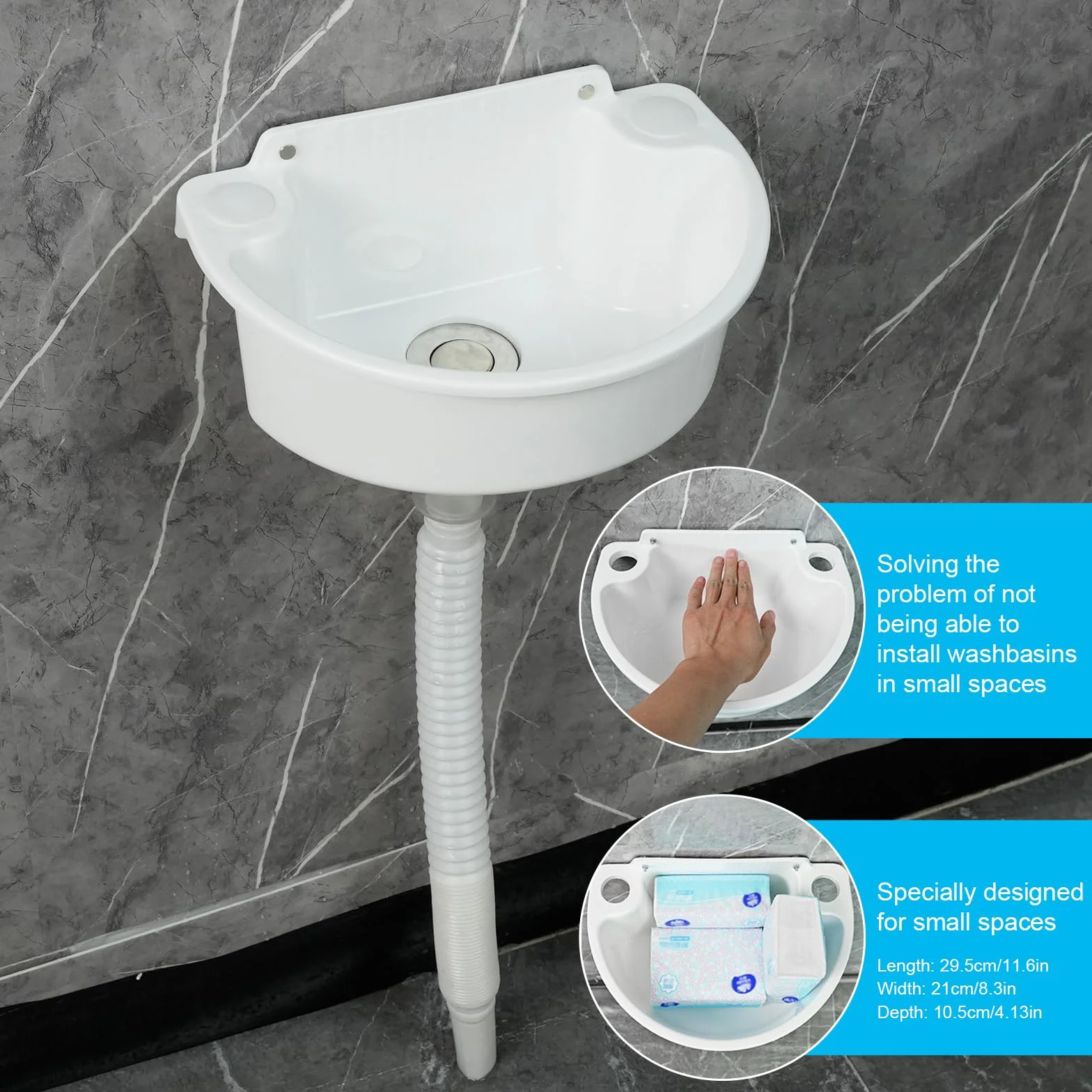 Fregadero de plástico, fregadero de lavabo, pequeños lavabos colgantes con accesorios de drenaje, fregadero para autocaravana para camping, jardín, sótano, baño de obra (blanco)