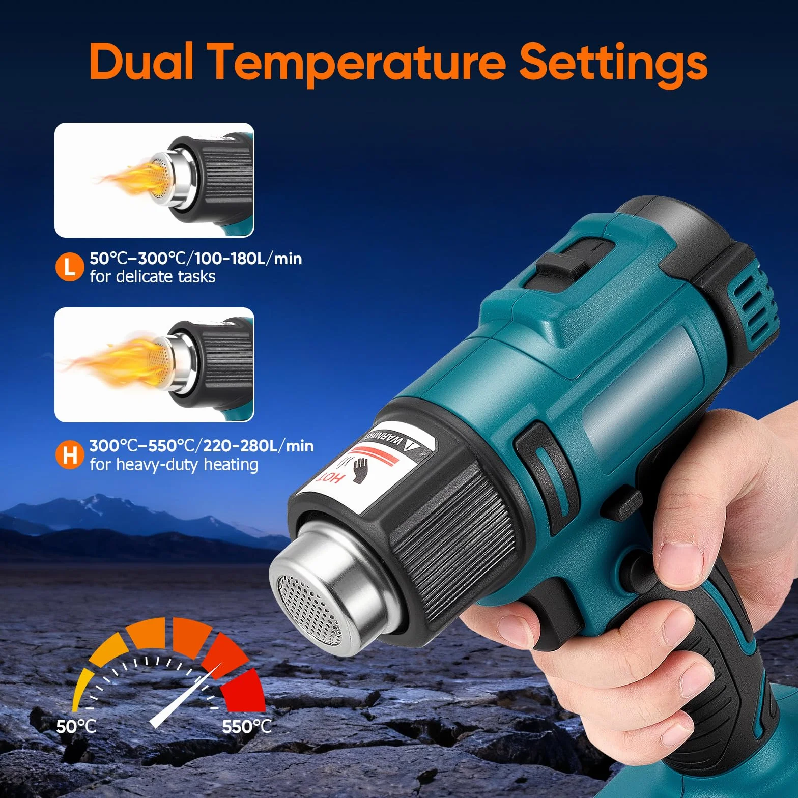 Pistola de aire caliente a batería 50-550 °C 2 baterías 4.0 Ah inalámbrica para soldar plásticos 5 boquillas
