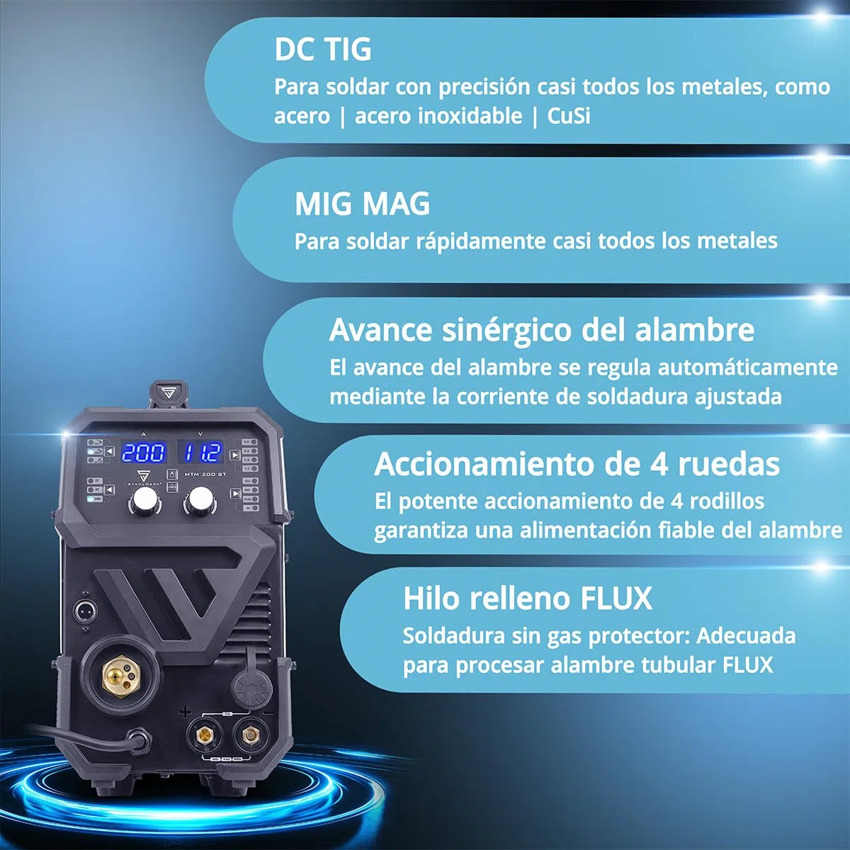 STAHLWERK Soldadora combinada 3 en 1 MTM-200 ST – Inverter combinado para TIG, MIG/MAG, MMA/Electrodo hasta 200 A, hilo sinérgico, 4 rodillos, encendido HF, apto para hilo hueco, acero, chapa fina