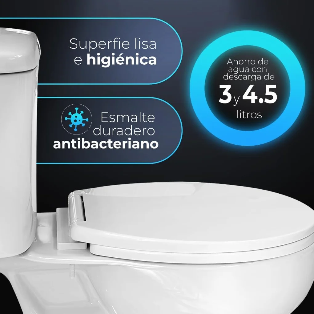 Inodoro Completo - WC Inodoro Completo con Sistema Rimless Antibacterias - Vater Baño con Tapa Dura Extrafina Amortiguada - Inodoro Salida Dual Eficiente con Ahorro de Agua (RIGAH, BIDE)