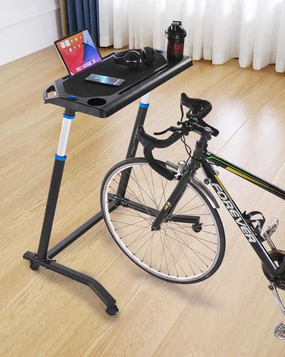 VEVOR Escritorio de ciclismo, ajustable para bicicleta y caminadora con soporte triangular, antideslizante con múltiples ranuras, escritorio de fitness con barra de asa, apto para ejercicio en casa y