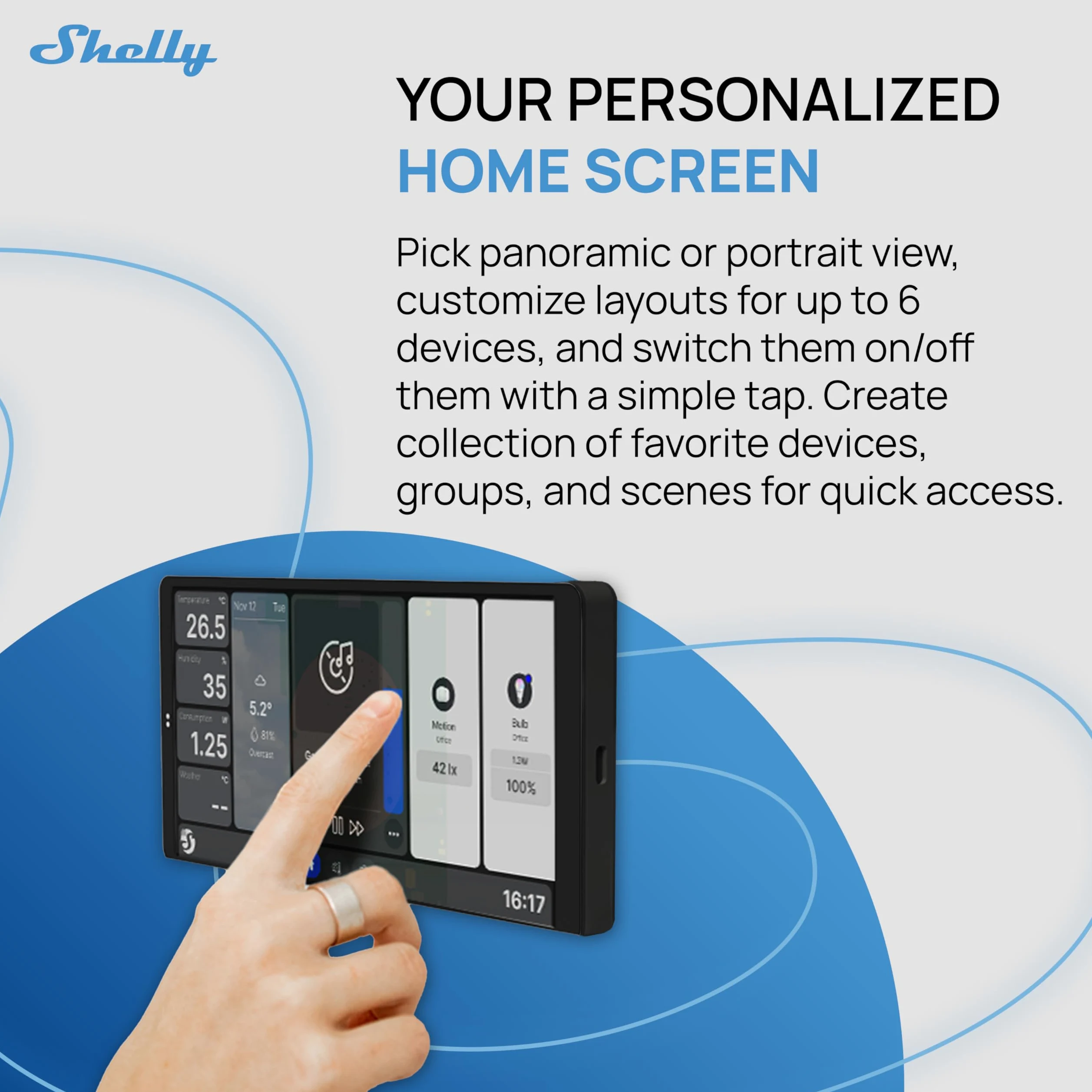 Shelly Wall Display x2 Negro y BLU H&T Negro - Panel de control domótico Wi-Fi con termómetro, higrómetro, pantalla táctil de 6,95'', interruptor 5A, termostato, Shelly App y Home Assistant