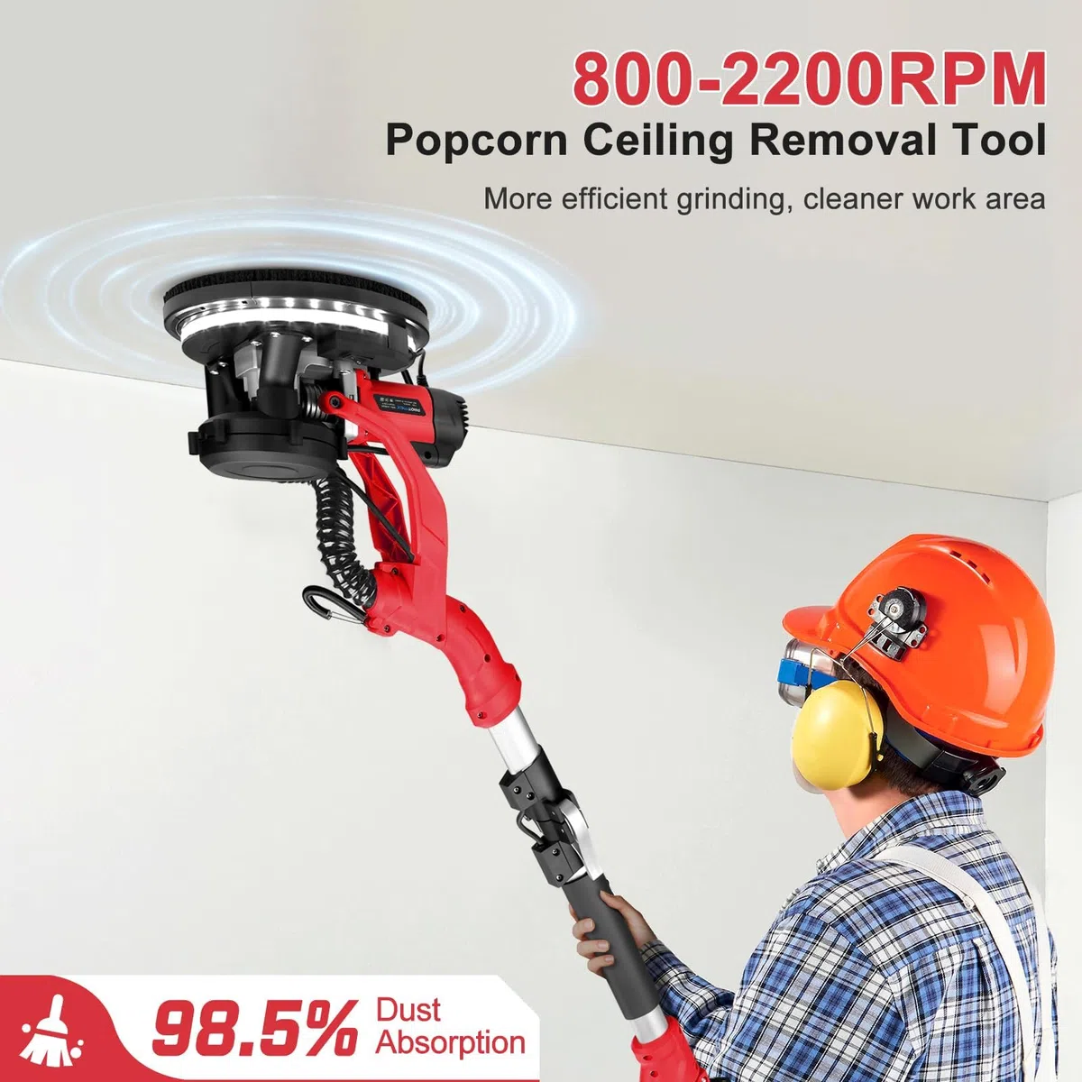 Protmex - Lijadora de pared/yeso de 1000 W con recogida de polvo al vacío y luz LED, 6 velocidades, 800-2200 rpm, 15 discos de lijado, plegable, extensible, para paredes y techo de palomitas, color