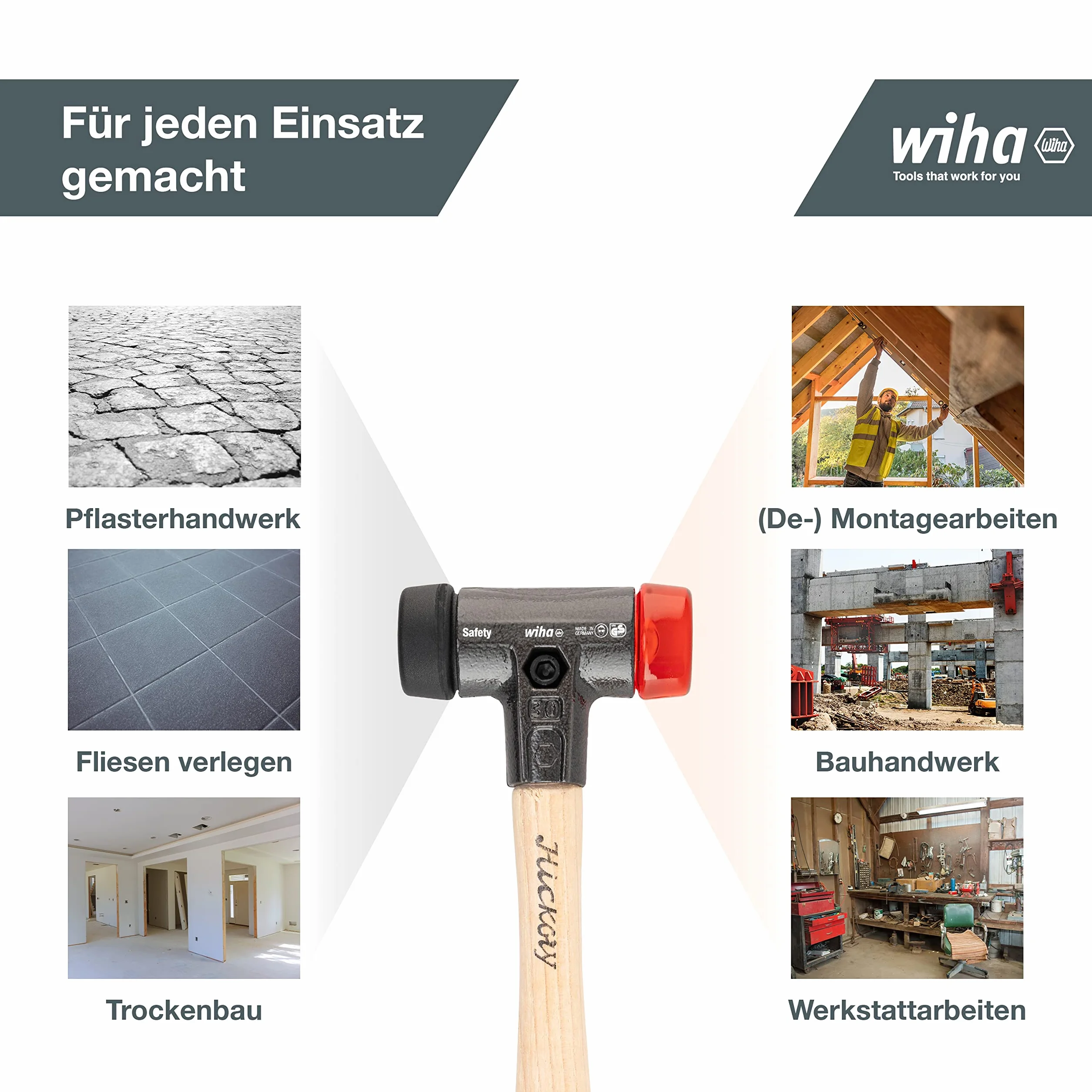 Wiha Martillo de cara blanda Safety de dureza media/duro con mango de madera Hickory, cabezal redondo 40, 325 mm (26612)