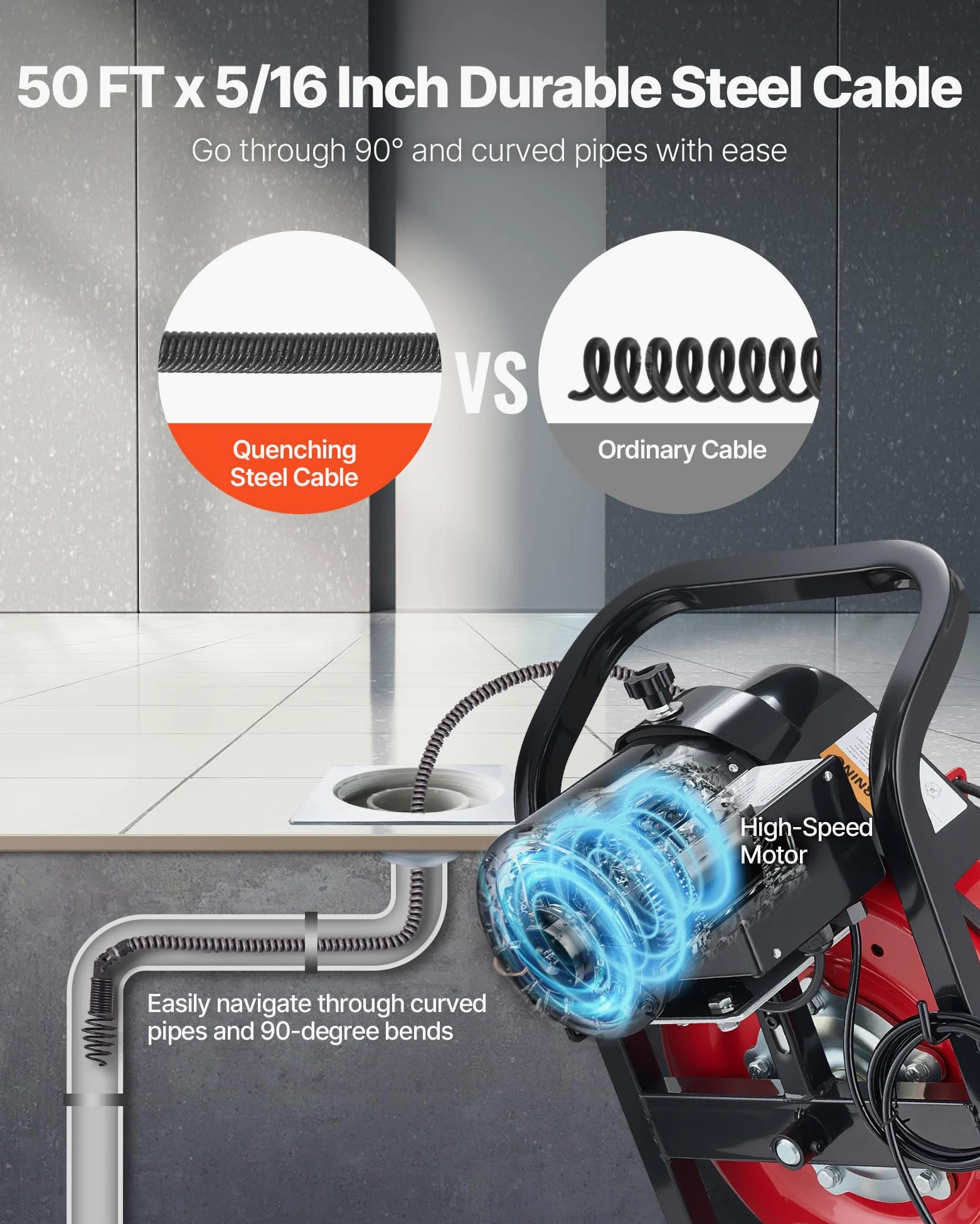 VEVOR Desatascador de Desagües Eléctrico 15m x 8mm Máquina de Limpieza de Tuberías con Alimentación Automática Interruptor de Pedal Neumático Limpiador de Tubos de Drenaje para Tuberías de 5-10 cm