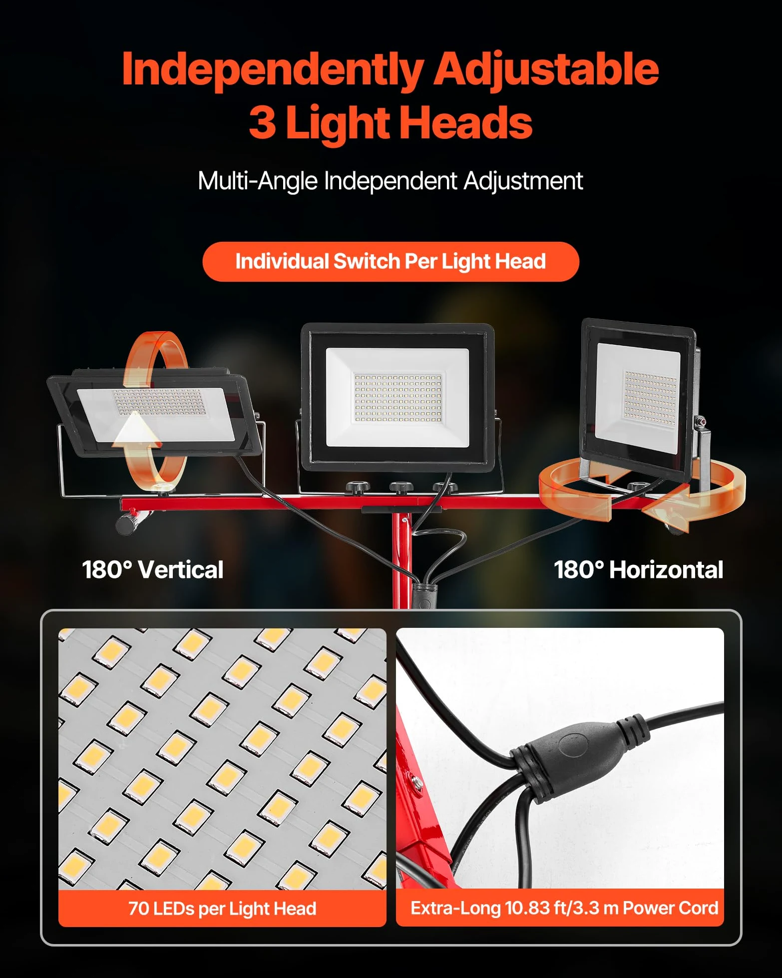 VEVOR Luz de Trabajo LED con Soporte, 15 000 Lúmenes, Luz de 3 Cabezales con Interruptor Individual, Trípode y Cable de Alimentación de 3,3 m para Obras de Construcción, Resistente al Agua IP65