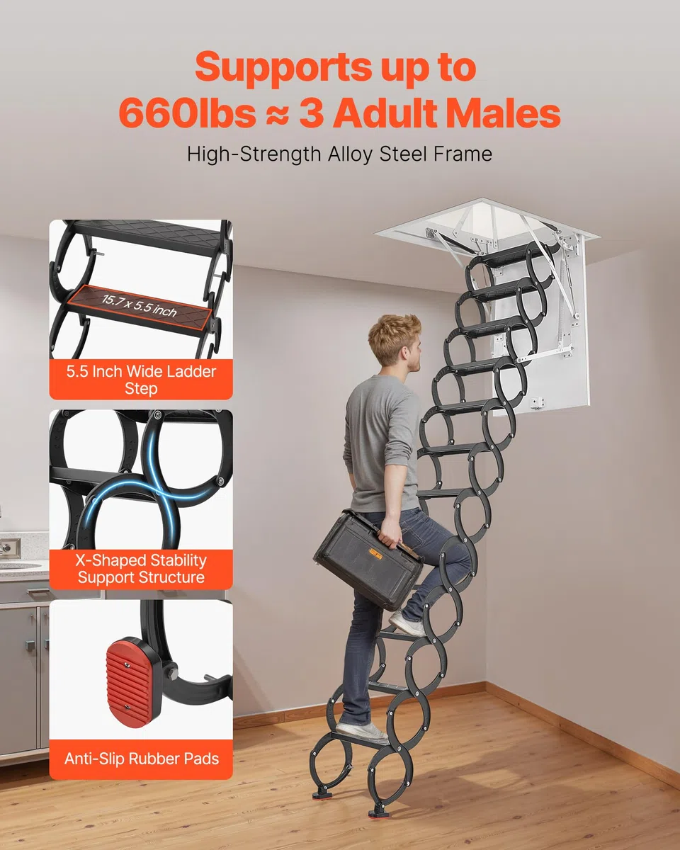 VEVOR Escalera de Ático, Carga 299,4 kg, Apta para Techos 2,9 a 3 m de Altura y Abertura 100 x 70 cm, Acero de Aleación, Retráctil y Abatible con Barra de Tracción para Techos de Áticos y Lofts