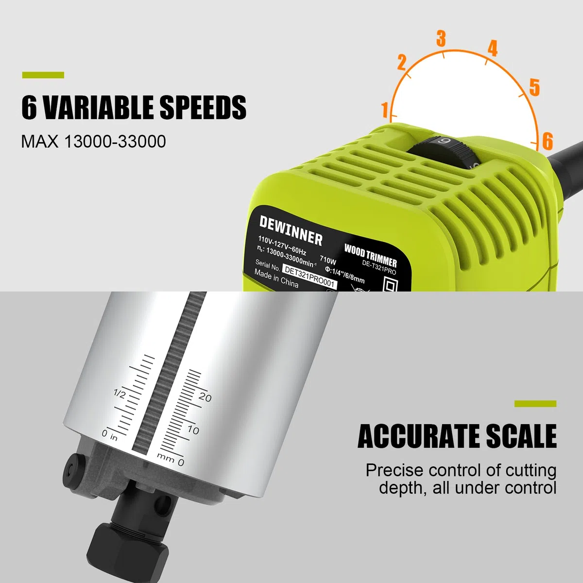 DEWINNER Fresadora De Madera Rebajadora Eléctrica 710W 13000-33000 RPM, 6 Velocidades Variables, Pinza De Base Fija De 1/4''/6/8MM,Con Bolsa de lona, con 15PCS 1/4"Juego de Brocas para Madera