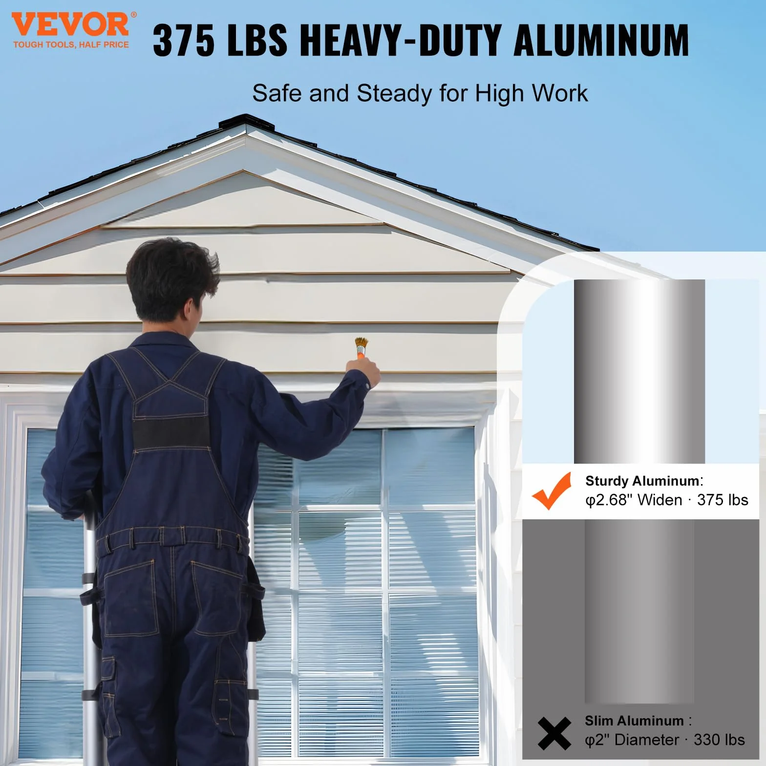 VEVOR Escalera Telescópica, de Aluminio, en Forma de A, Ligera, Plegable, con Retracción de Múltiples Botones, Carga 170 kg, con Barra Estabilizadora, para Vehículos Recreativos, 465 x 165 x 865 mm