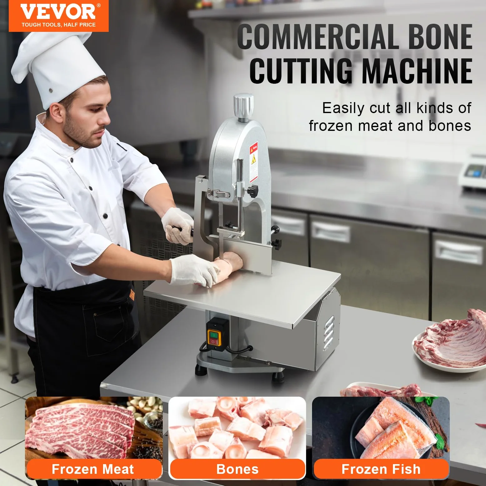 VEVOR Sierra de Cinta Eléctrica Comercial para Carne y Huesos de Acero Inoxidable de 1800 W para Encimera, Grosor Máximo de Corte 180 mm, con 5 Cuchillas para Costillas Cerdo y Res, 515 x 490 x 860 mm