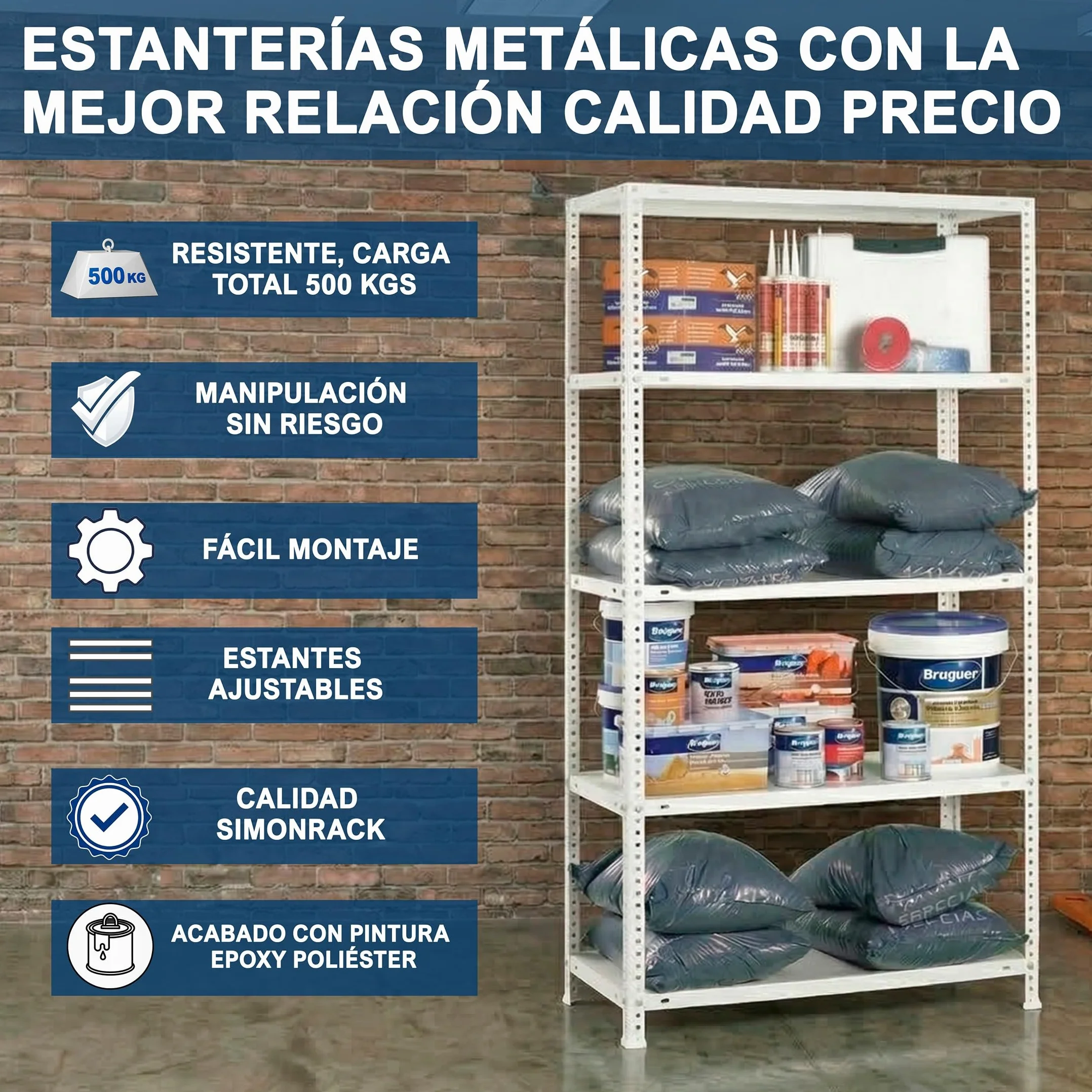 Simon Rack Estanterias Metalicas 1800x900x300 mm, 5 Baldas Metalica, 100 kg de Punto Flexión, Estanterias Almacenaje, Blanca - Comfort