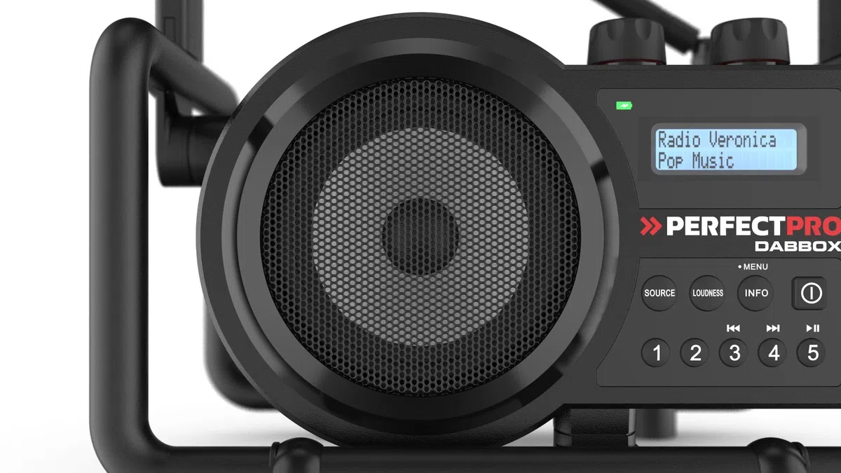 PerfectPro Radio DABBOX, Dab+ y recepción FM, Cargador de batería Integrado para batería Universal, Bluetooth, Recargable, Entrada Auxiliar, Resistente a los Golpes, IP54, DBX3
