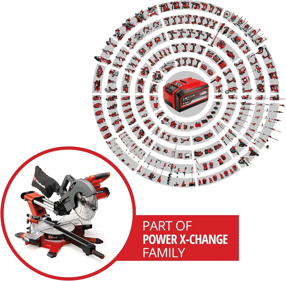 Einhell Sierra de tracción, vaivén e inglete con batería TE-SM 36/10 L Li-Solo Power X-Change (36 V, hoja de sierra 254 mm, 3800 rpm, función de tracción suave, láser de línea de corte, sin batería)