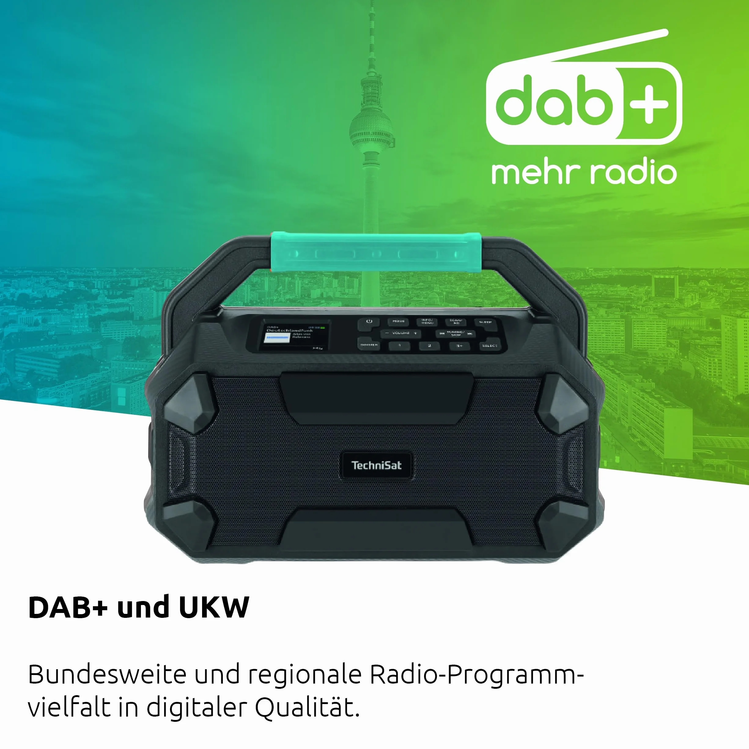 TechniSat Viola 231 OD – Radio Compatible con batería Makita (Dab+, FM, AUX in, Bluetooth, IPX4 a Prueba de Salpicaduras, 2 Altavoces estéreo de 15 W)