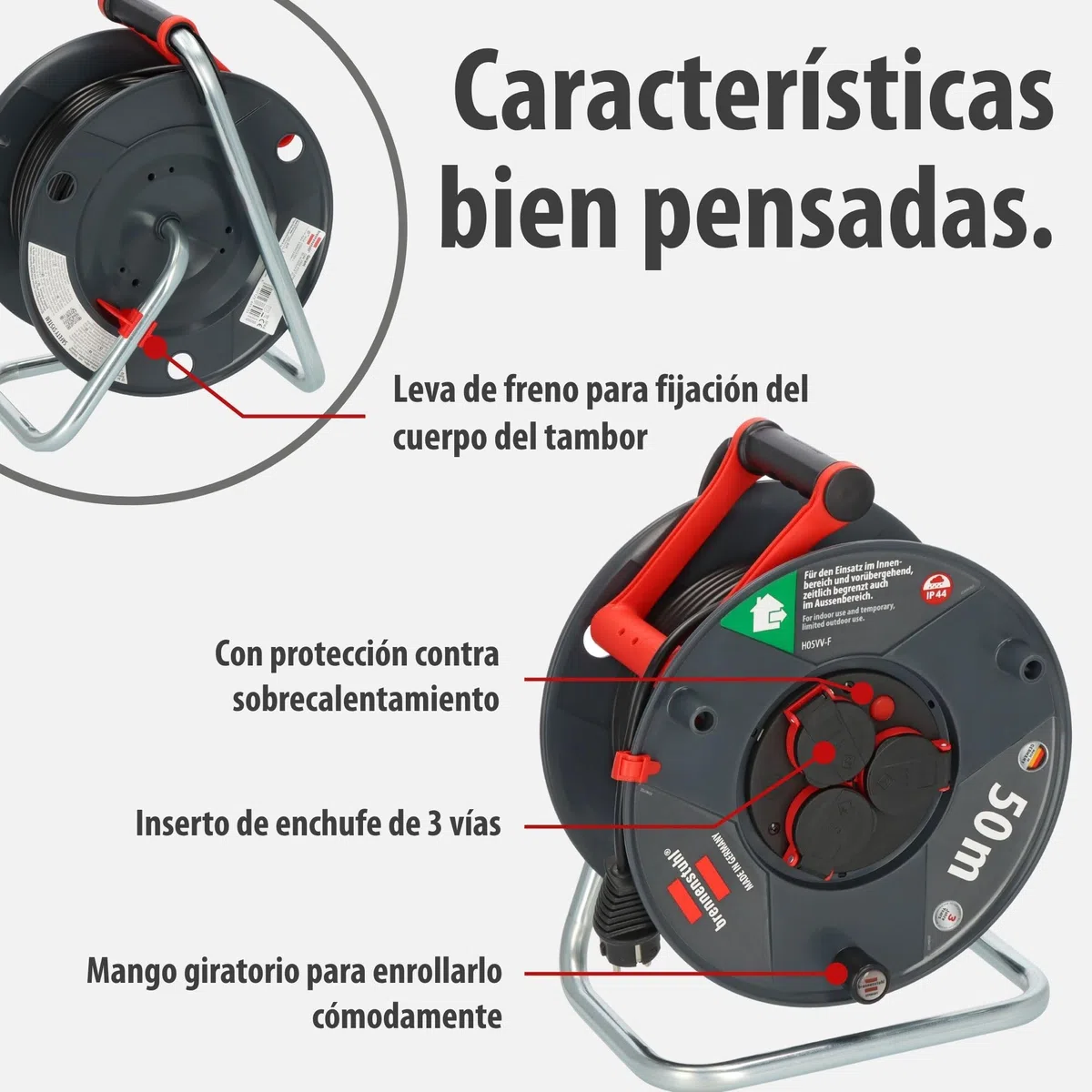 Brennenstuhl Enrollacables Garant V2 IP44 50m exterior (Made in Germany, 3 tomas de corriente con contacto de puesta a tierra, plástico especial)
