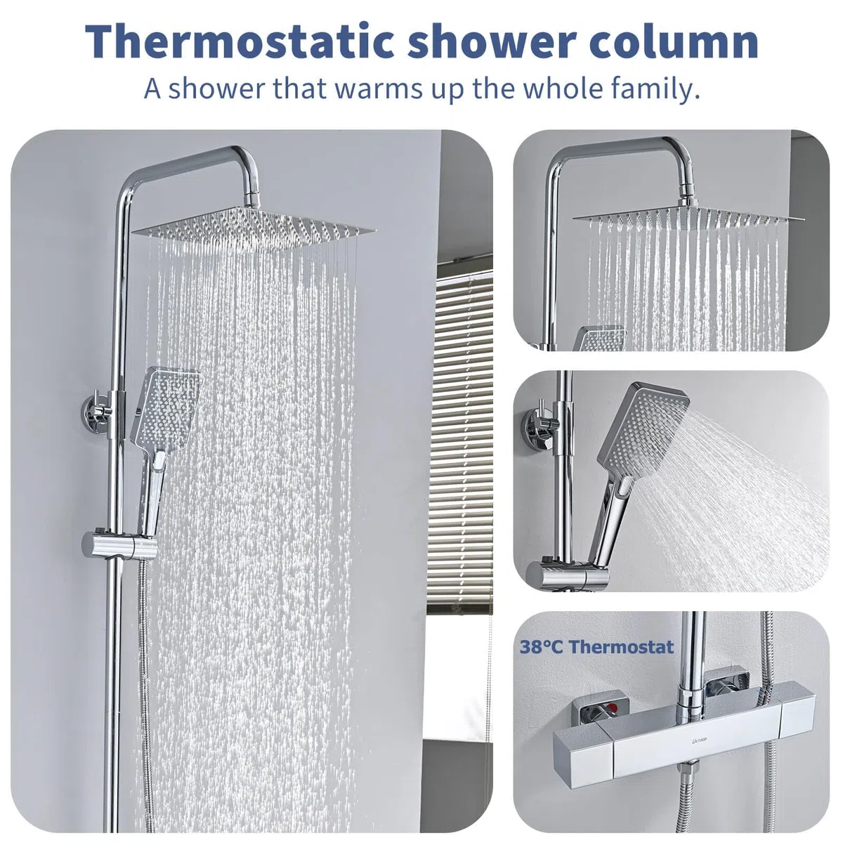 Columna Ducha Termostática, DETBOM Set de Ducha Cuadrado Acero Inox, Cabezal de Ducha de Lluvia, Barra Ducha de Altura Ajustable, Cromada