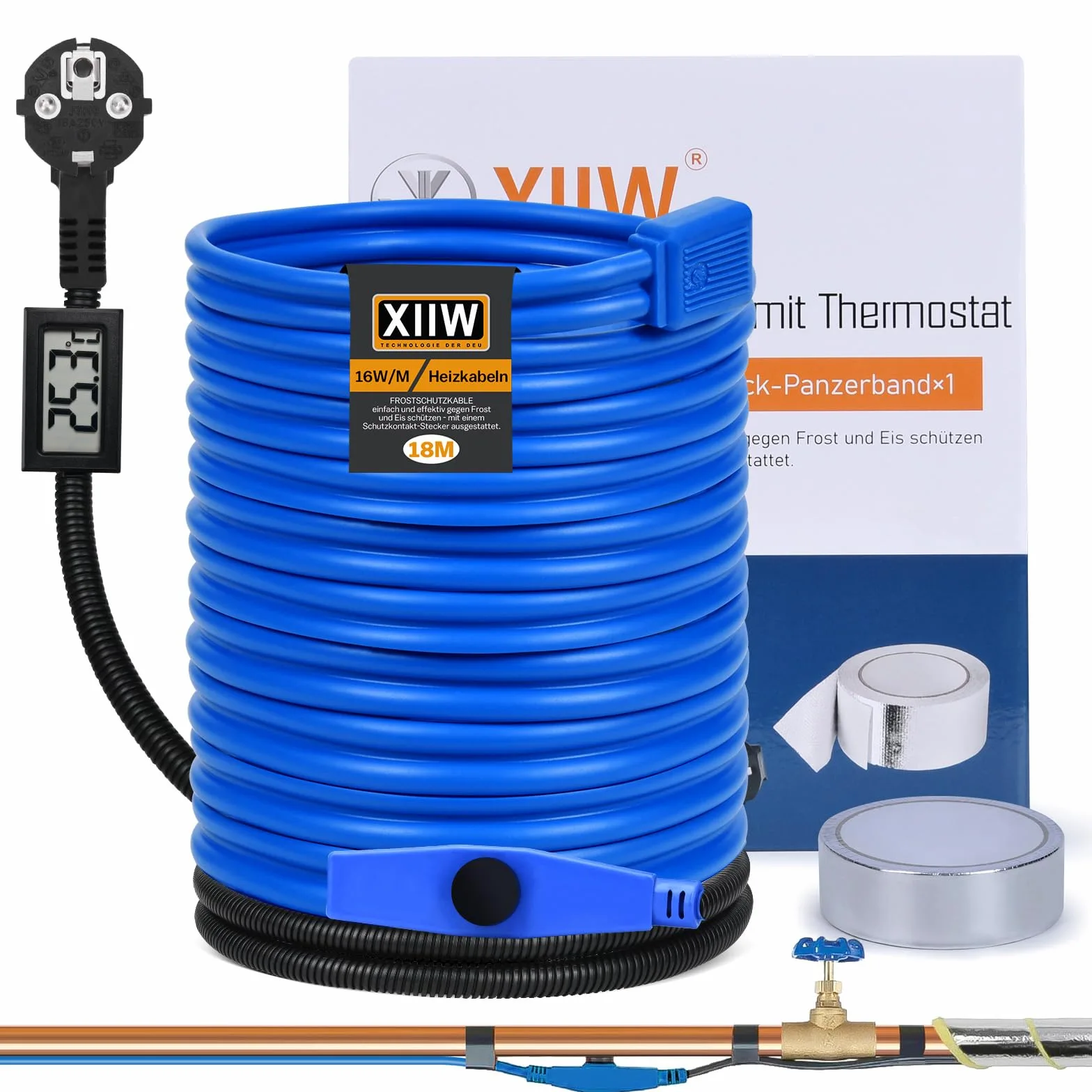Cable calefactor antiheladas de 18 m con termostato e indicador de temperatura, 230 V, 16 W/M para tuberías de agua, resistente al agua, cable calefactor para tuberías