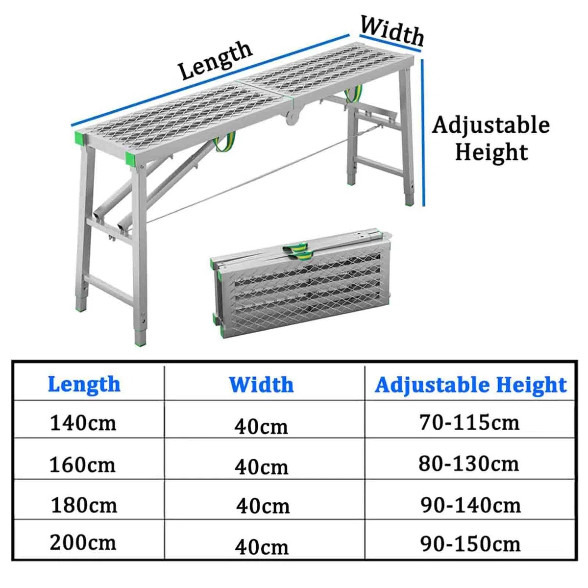 Plataforma de trabajo ajustable, andamio plegable portátil | Clasificado hasta 400 kg | Escalera y plataforma multiusos | 40 cm de ancho | Accesorio de andamio