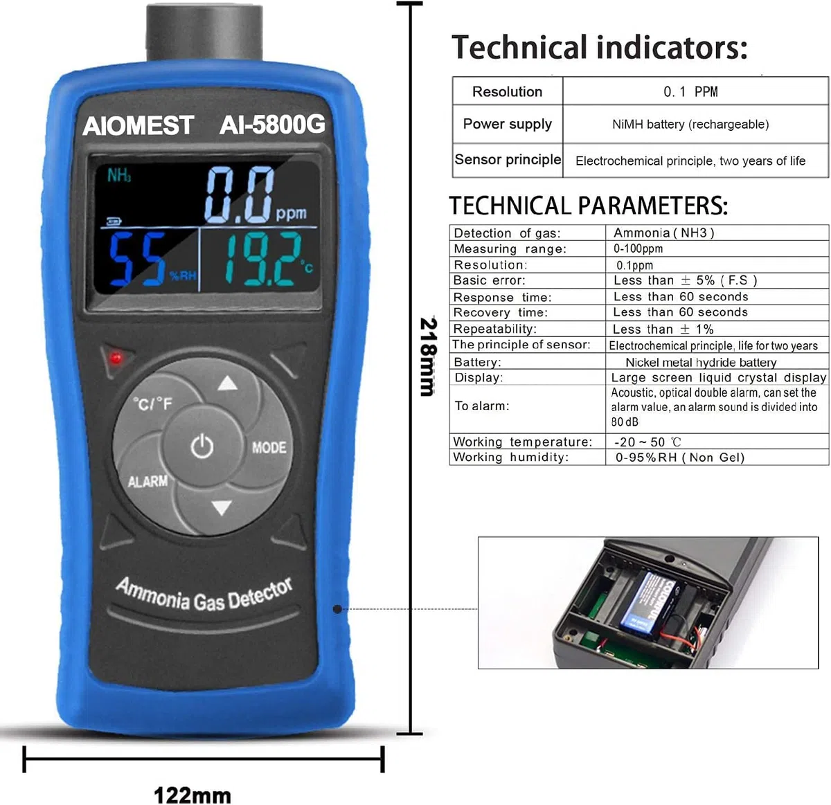 Detector de Amoníaco Profesional AIOMEST AI-5800G - Medidor NH3 Aire 0-100PPM con Alarma, Sensor Humedad/Temperatura para Decoración Hogar, Granjas Avícolas e Industria