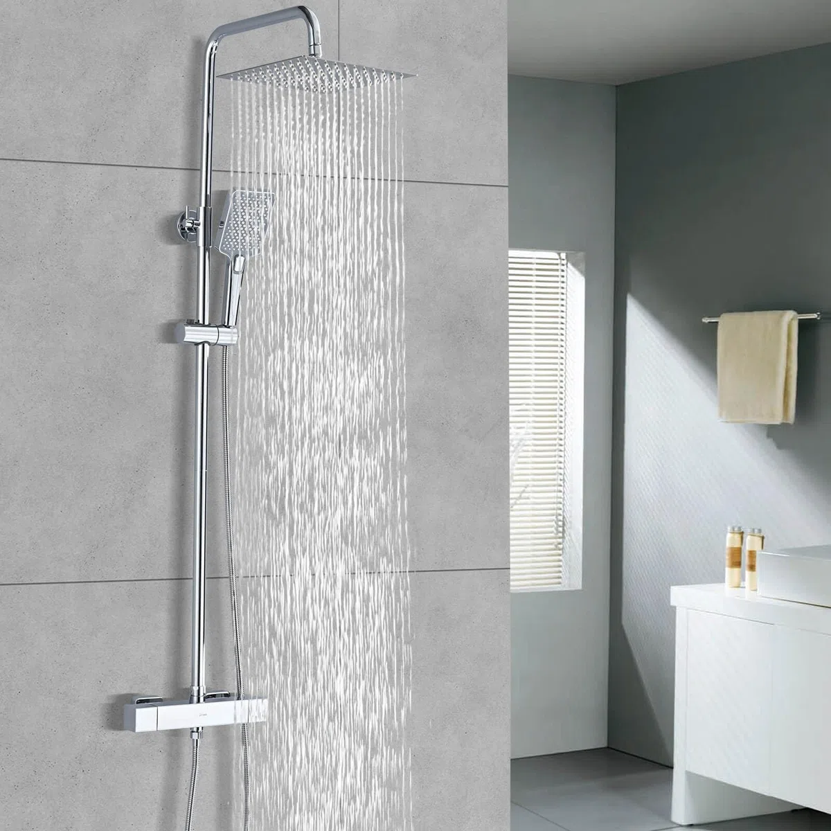 Columna Ducha Termostática, DETBOM Set de Ducha Cuadrado Acero Inox, Cabezal de Ducha de Lluvia, Barra Ducha de Altura Ajustable, Cromada
