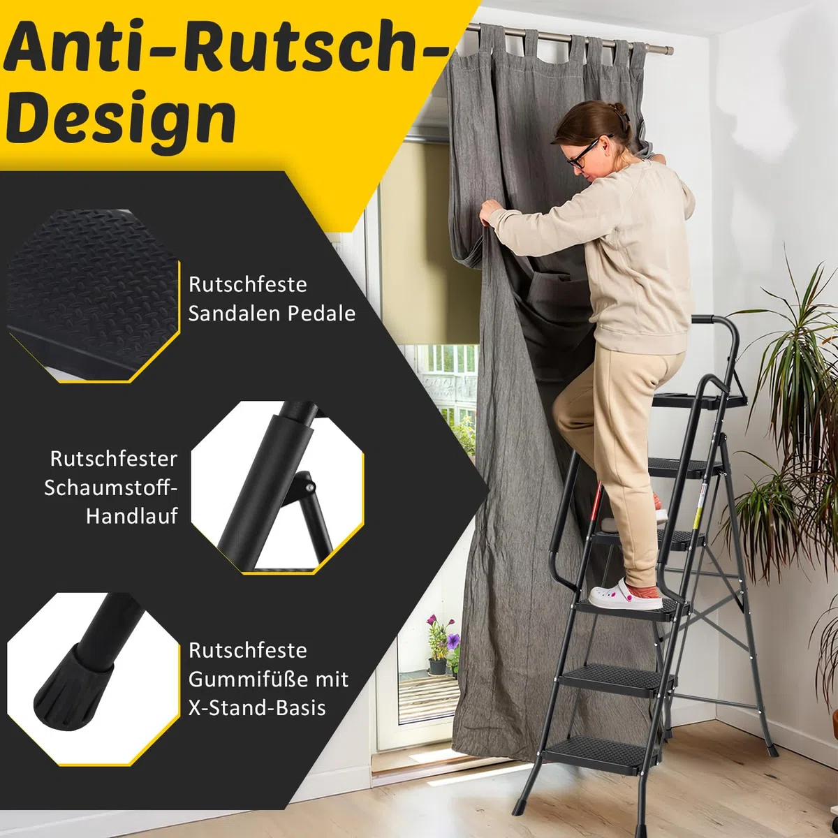 Escalera de 5 peldaños con pasamanos y bandeja para herramientas, escalera plegable para el hogar, antideslizante, hasta 150 kg, color negro, 52 x 108 x 167 cm