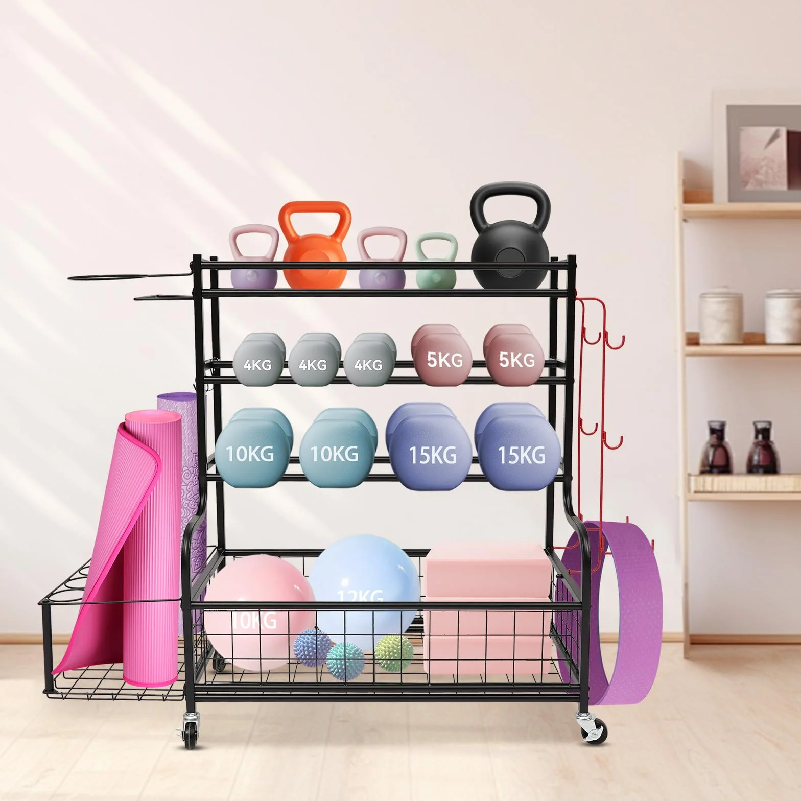 Estantería de almacenamiento de 4 niveles con ruedas, soporte para pesas, organizador de equipo multifuncional con ganchos, soporte para esterillas de yoga, garajes, salones, gimnasios