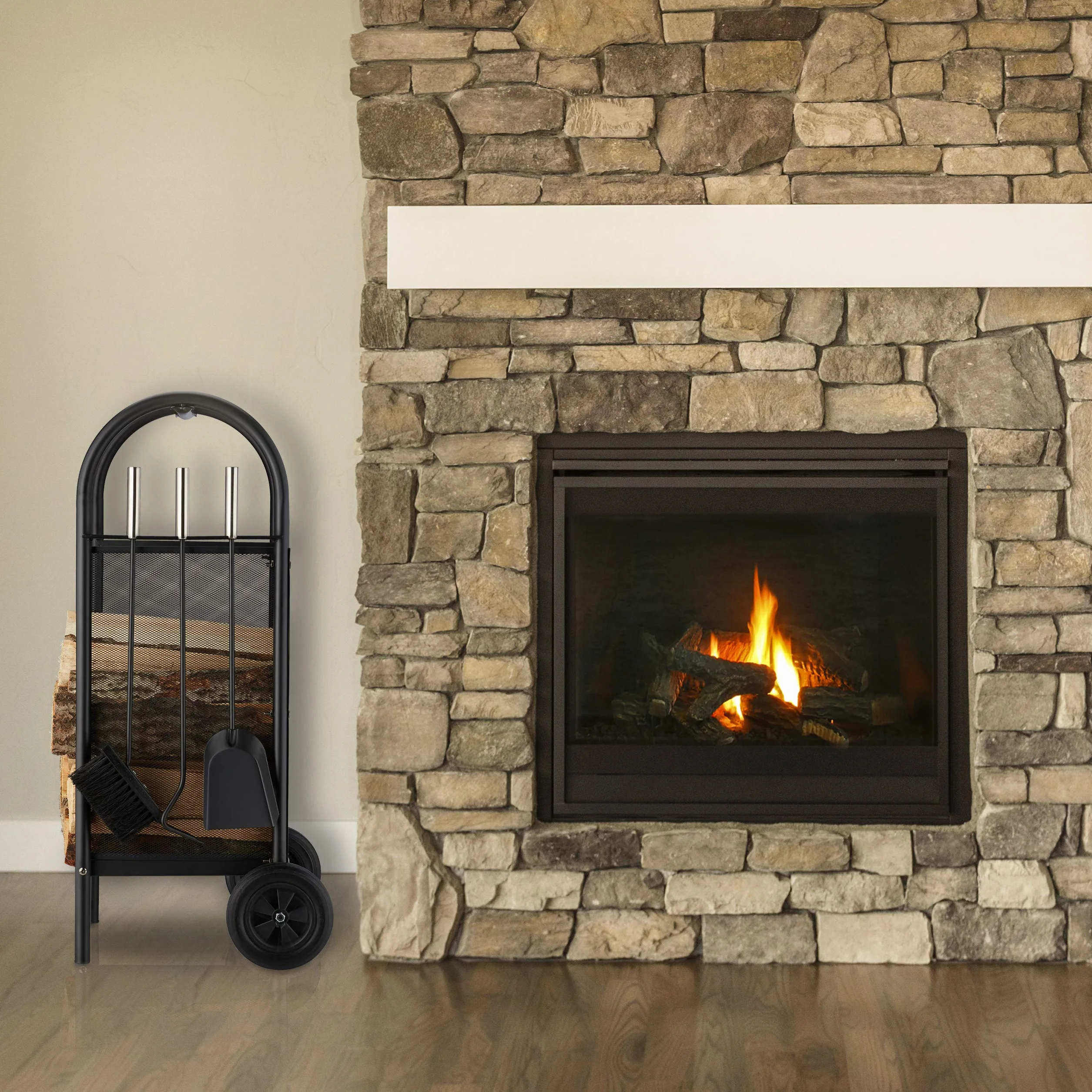 Relaxdays Leñero con accesorios de chimenea, Soporte portátil, Pala para cenizas, Cepillo & Atizador, Negro