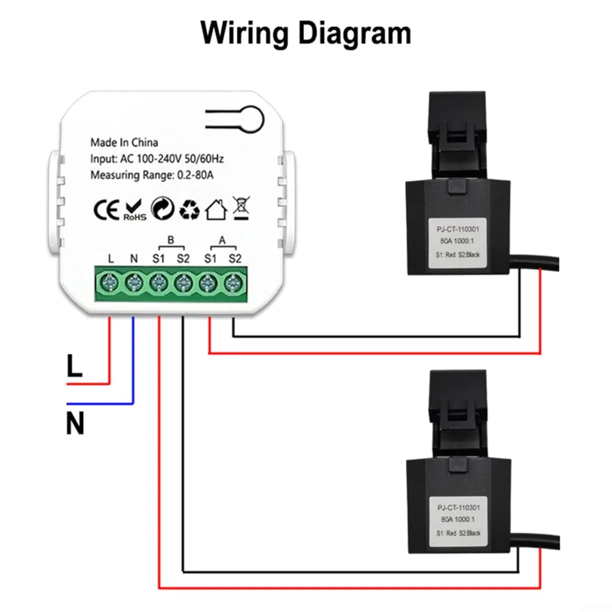 Para medidor de energía inteligente Zigbee, para medidor de energía TUYA 80A de 2 canales bidireccionales, monitor de electricidad con 2 abrazaderas para potencia en tiempo real, medición de voltaje