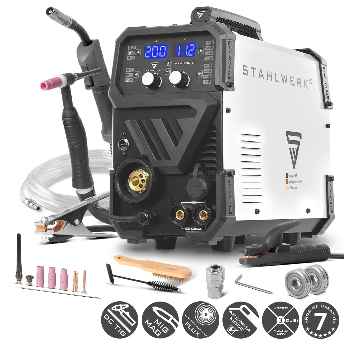 STAHLWERK Soldadora combinada 3 en 1 MTM-200 ST – Inverter combinado para TIG, MIG/MAG, MMA/Electrodo hasta 200 A, hilo sinérgico, 4 rodillos, encendido HF, apto para hilo hueco, acero, chapa fina