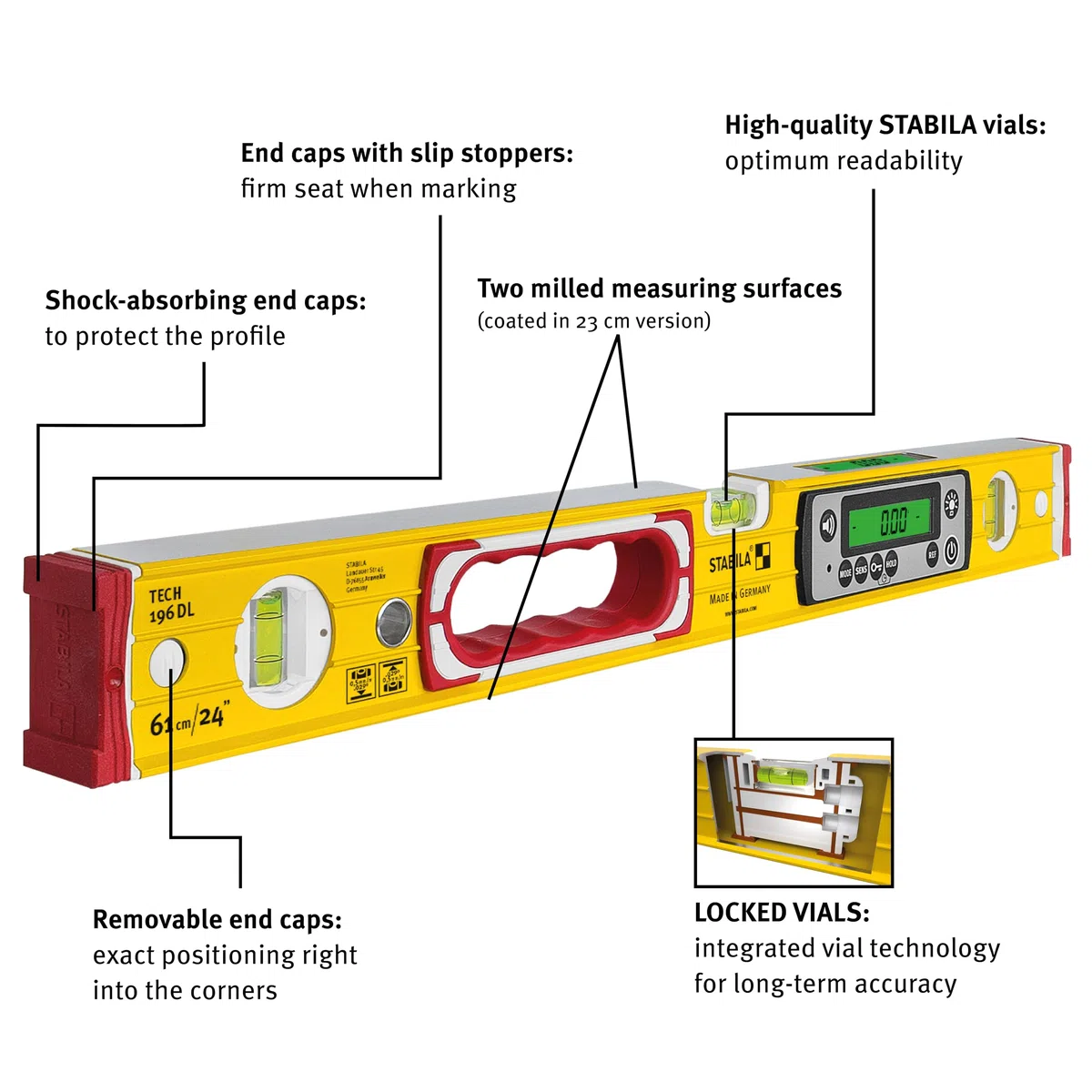 STABILA TECH 196 DL - Nivel de burbuja digital (resistente al agua y al polvo, IP67, 2 pantallas digitales, sin calibración, con bolsa, 183 cm)