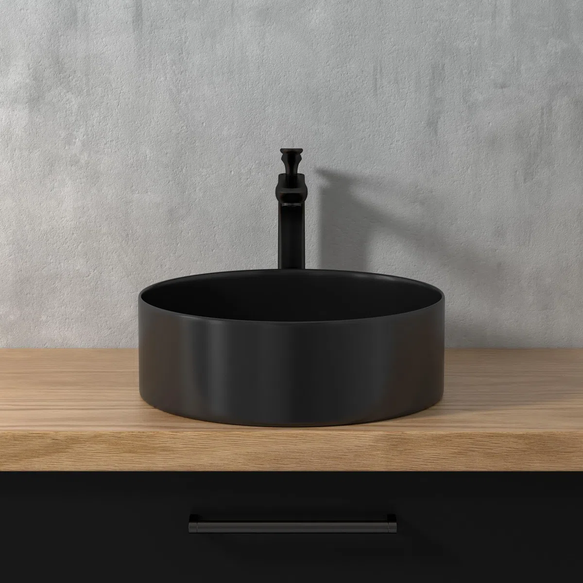 Lavabo negro, redondo, pequeño lavabo de mano en diseño elegante y fácil de limpiar para baño y aseo de invitados (negro mate, 39,5 x 39,5 x 13 cm)