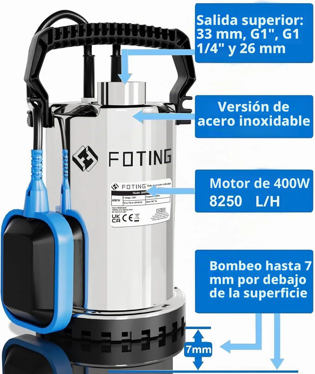 FOTING Bomba de agua Sumergible 400W, capacidad de 8.250 l/h, Altura máxima de suministro 7 m, inmersión máx. 7 m, interruptor de flotador, nivel mín. 7 mm, para jardín y depósitos