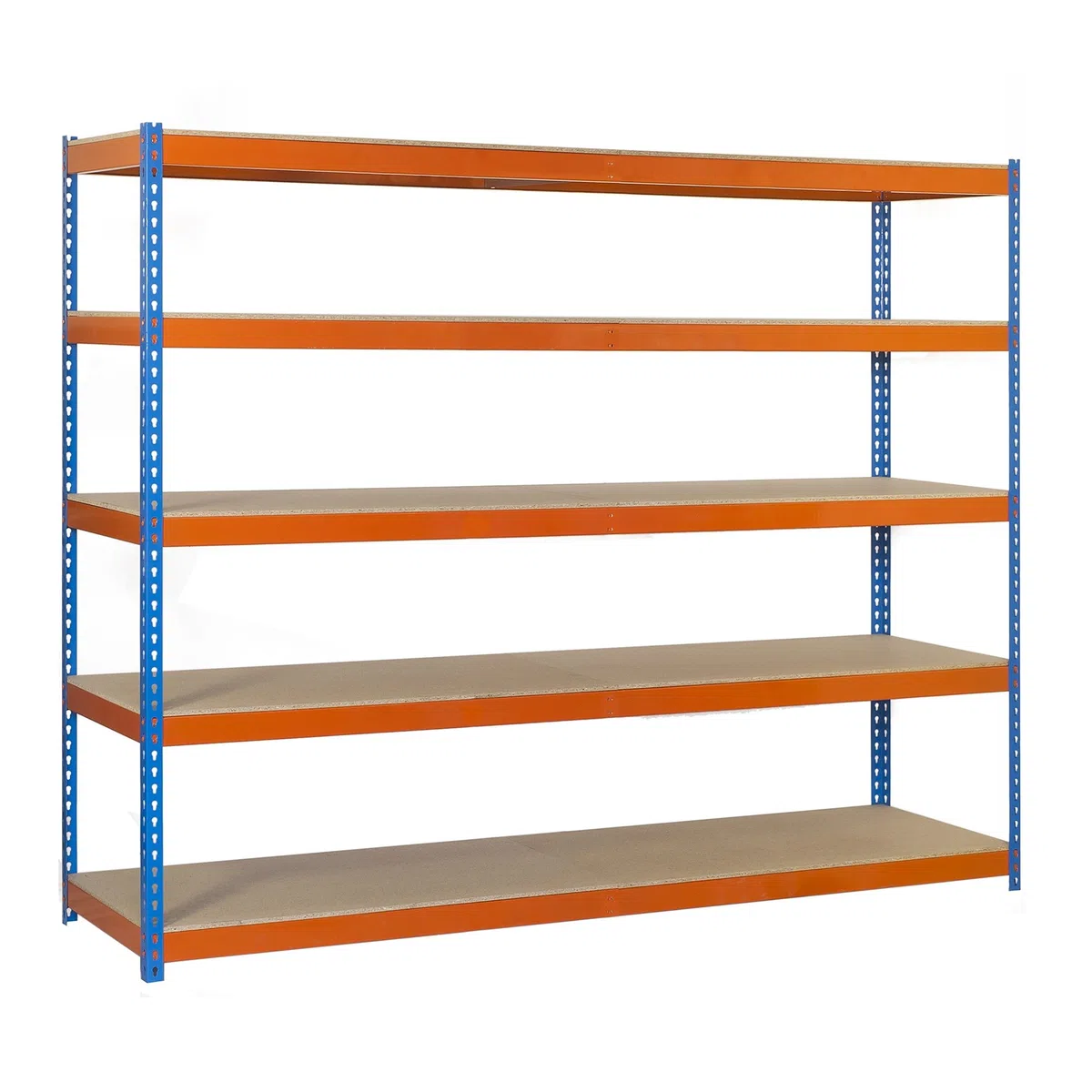 Simon Rack Estanterías Metálicas, 3000x1200x450 mm, 400 kg de Punto Flexión, 5 Estantes Madera, Estantería Almacenaje, Estantería Industrial, Azul/Naranja/Madera - SimonTaller