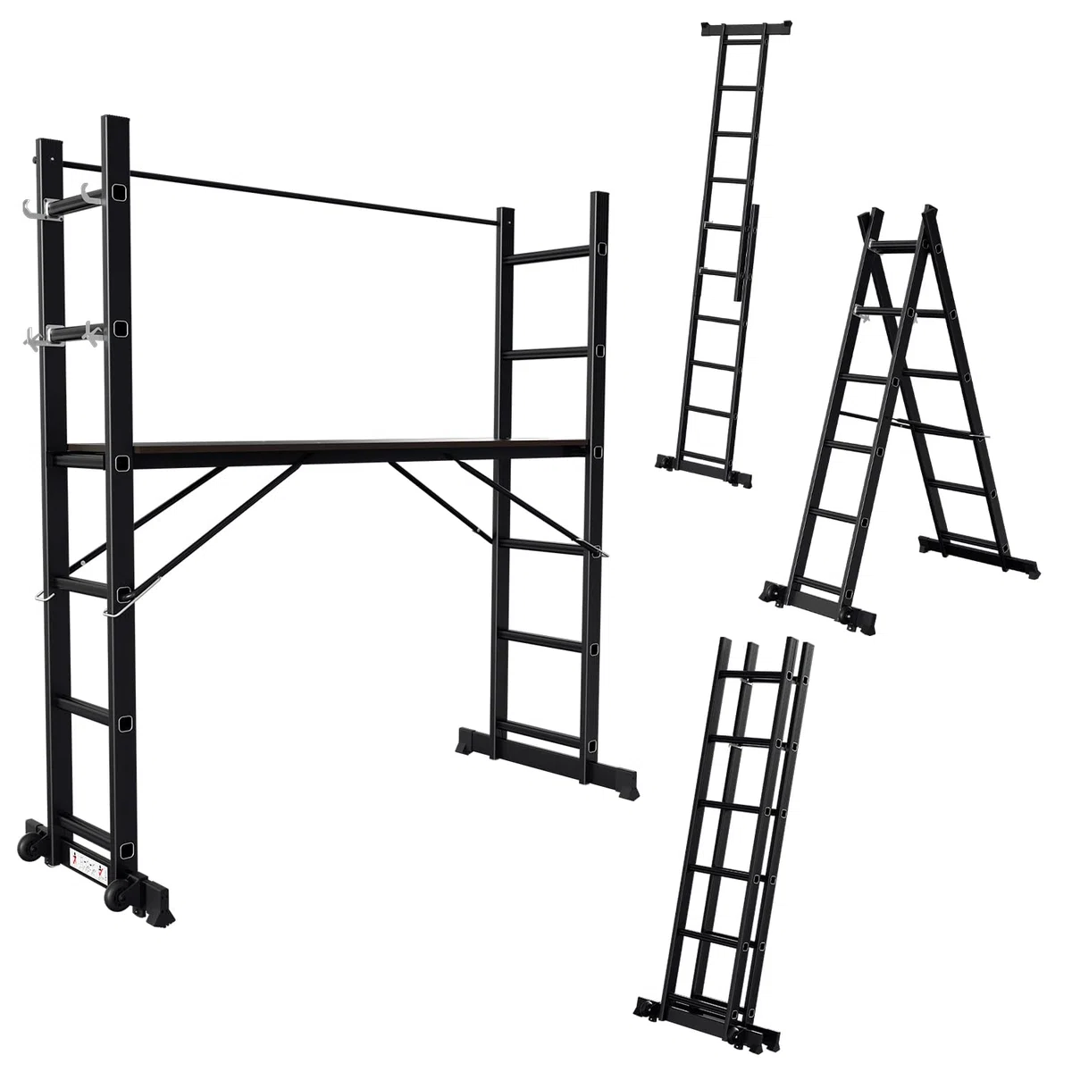 Fiqops Andamio de aluminio 4 en 1 máx. 276 cm, soporta hasta 150 kg, andamios versátiles, plataforma de trabajo móvil y 2 ruedas, escalera de andamio, andamio, 2 x 6 peldaños, color negro