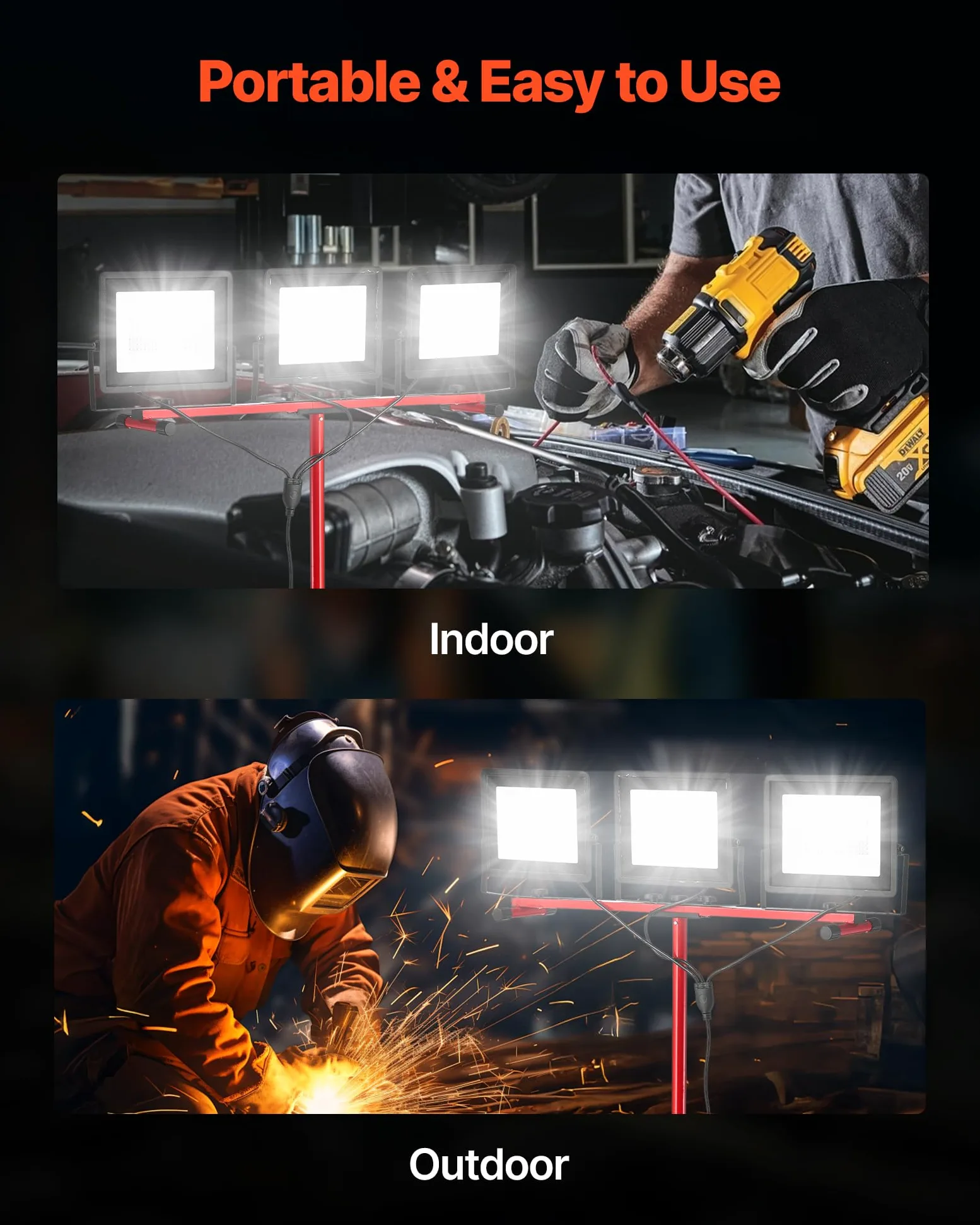 VEVOR Luz de Trabajo LED con Soporte, 15 000 Lúmenes, Luz de 3 Cabezales con Interruptor Individual, Trípode y Cable de Alimentación de 3,3 m para Obras de Construcción, Resistente al Agua IP65