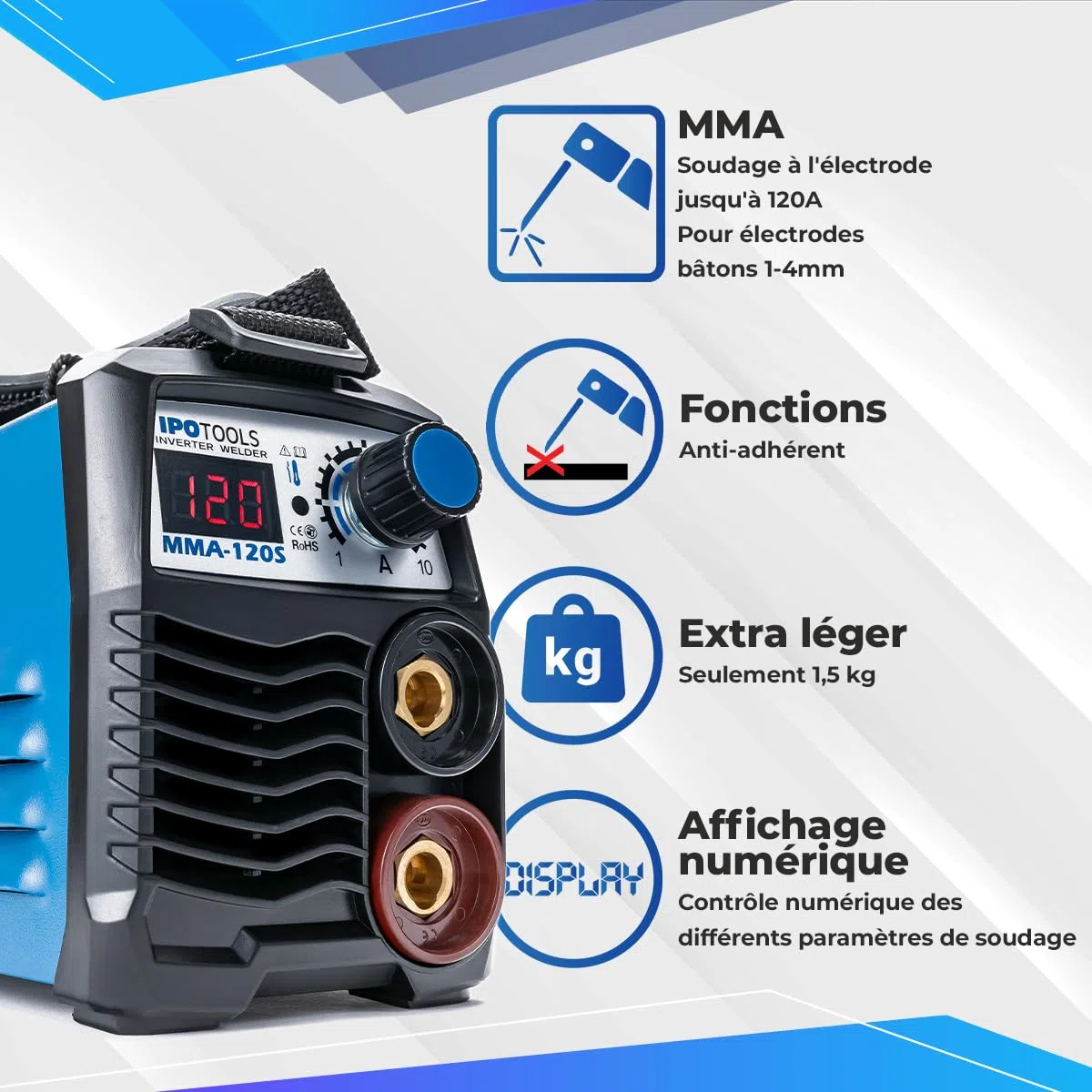 IPOTOOLS MMA-120S Soldadora de Electrodo 120A - Mini Soldadora Eléctrica Inverter MMA con Pantalla LCD, Anti-Adherente, 230 V, 7 Años de Garantía
