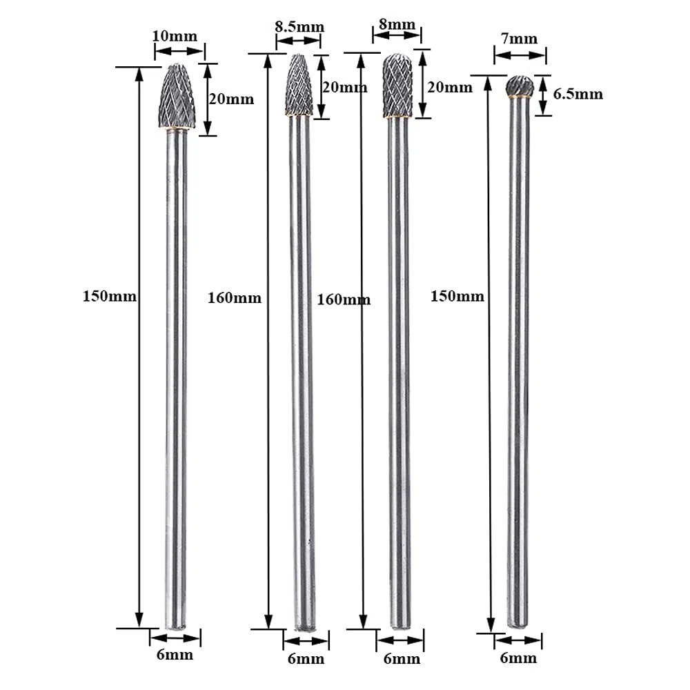 4 Pcs Kit de Fresas Giratorias de Carburo de Tungsteno Fresas de Diamante Rotary Archivo Tungsteno Acero Herramientas Rotary Burr Fresa Giratoria de Largo Alcance 6 mm
