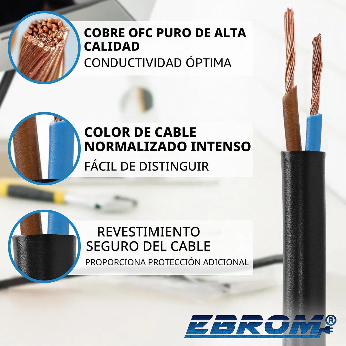 EBROM H05VV-F 2 x 1,5 mm² Cable de Plástico Redondo de Alimentación Negro