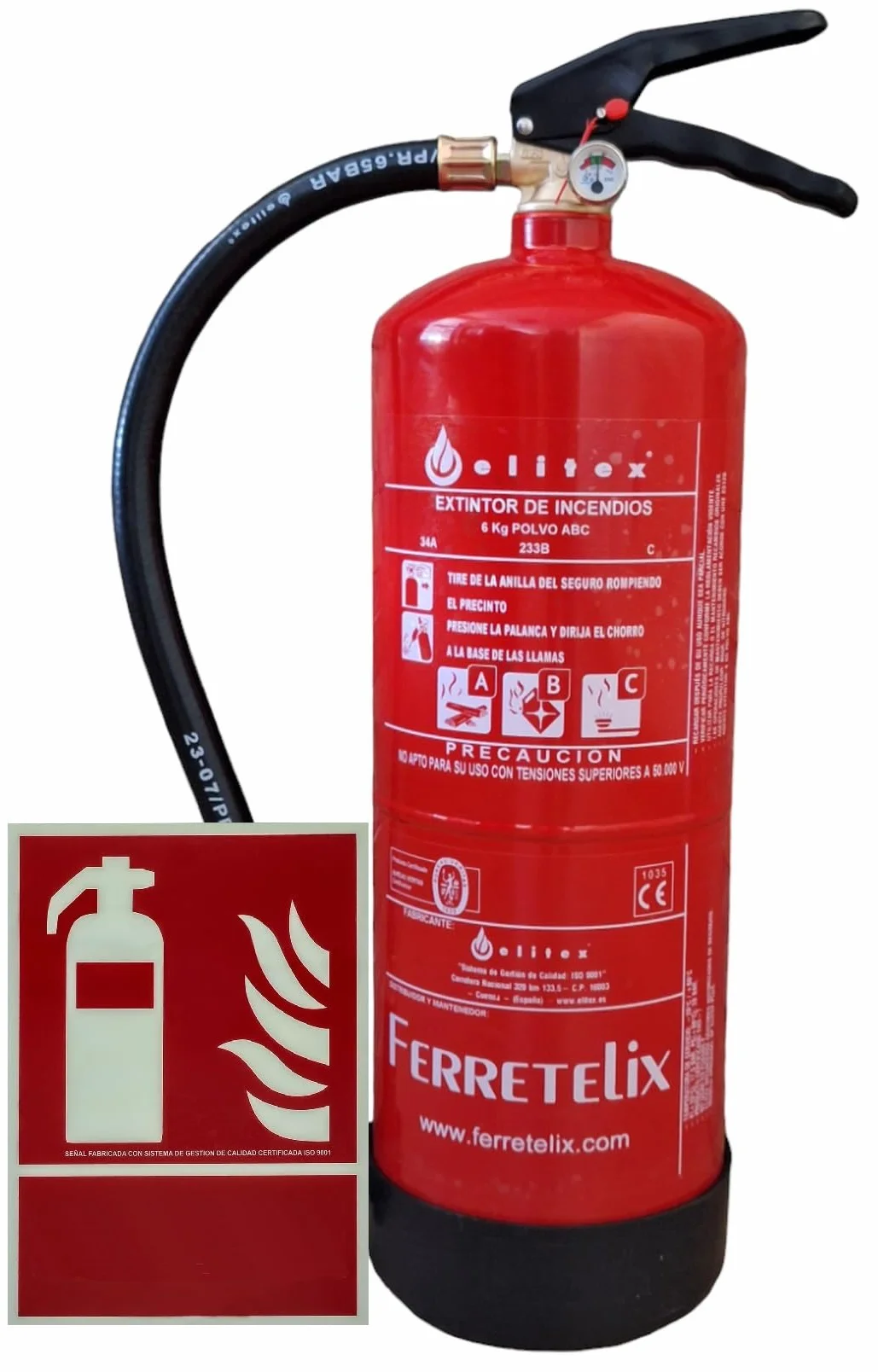 Ferretelix®. Extintor 6 kg polvo ABC ALTA EFICACIA 34A 233B + soporte de pared + cartel fotoluminiscente extintor. FABRICADO EN 2026