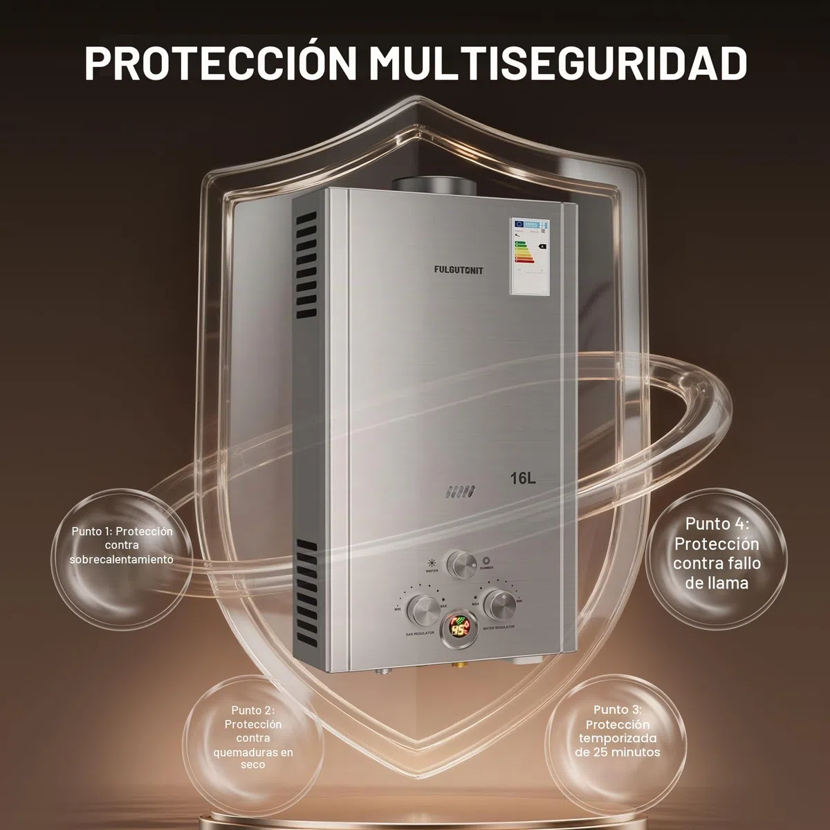Fulgutonit Calentador de Agua de Gas 16L Con Ducha Sobrealimentada, Calentador de Agua de Gas GLP Propano Butano Adecuado Para el Hogar, Vehículos Recreativos y Exteriores